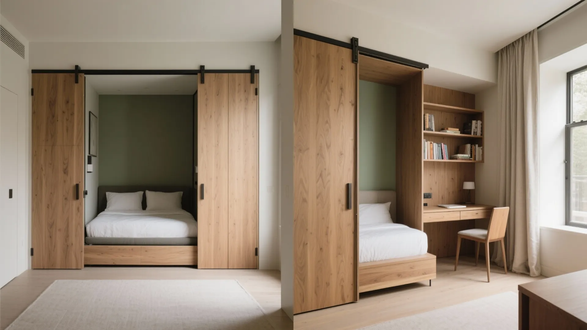 Modern bedroom featuring wooden sliding doors opening to reveal a bed and built-in home office
