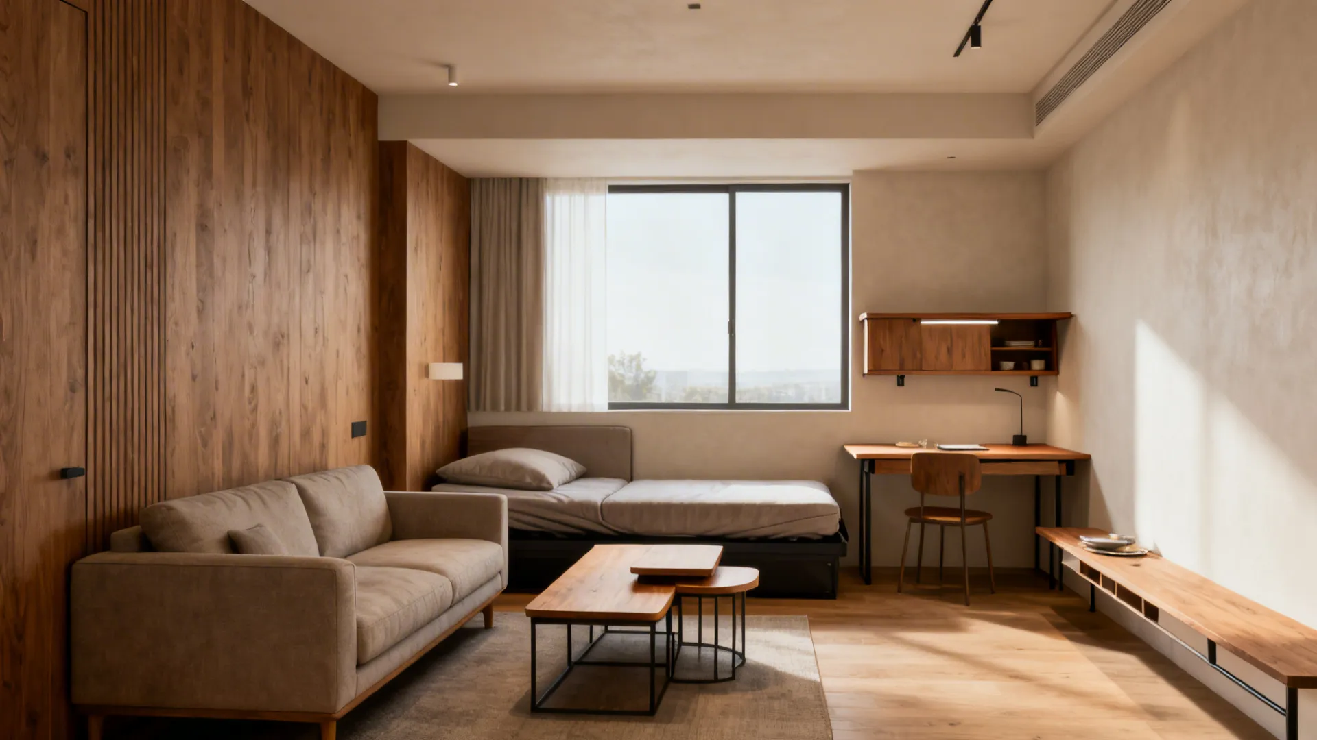 Before-and-after of a small living room upgraded with multifunctional furniture and defined zones.