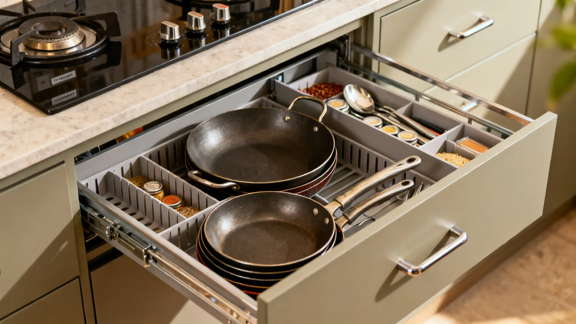 Storage that flexes: tiffins, masala, and appliances