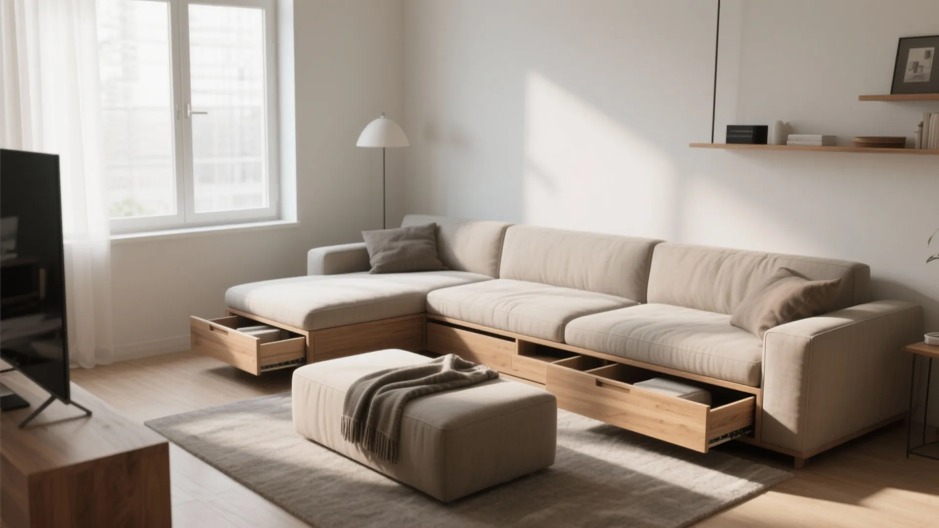 Cream sofa with wooden storage drawers, matching footrest, grey rug, and natural light from window