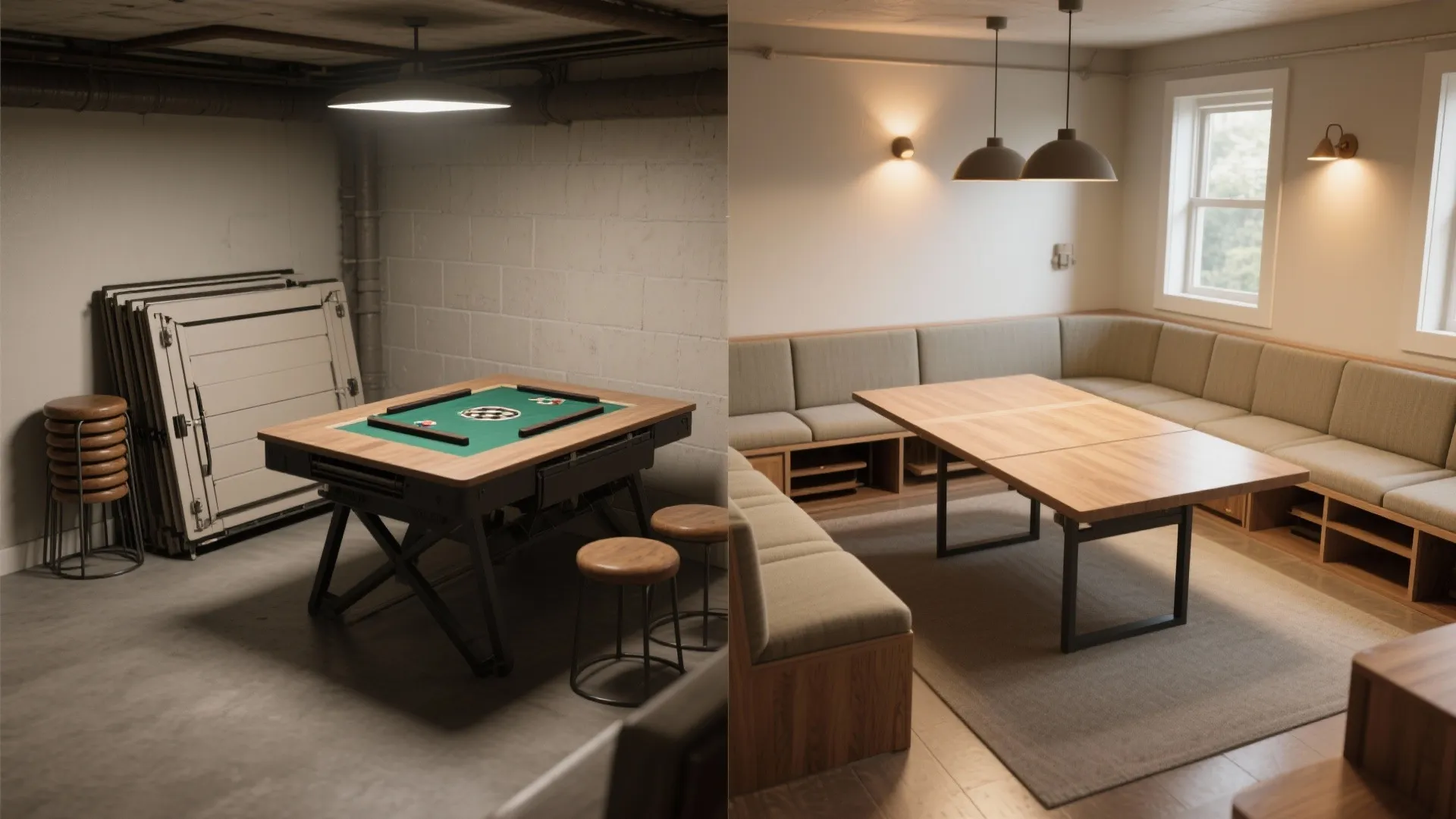 Before and after comparison of a game table and a large wooden dining room table