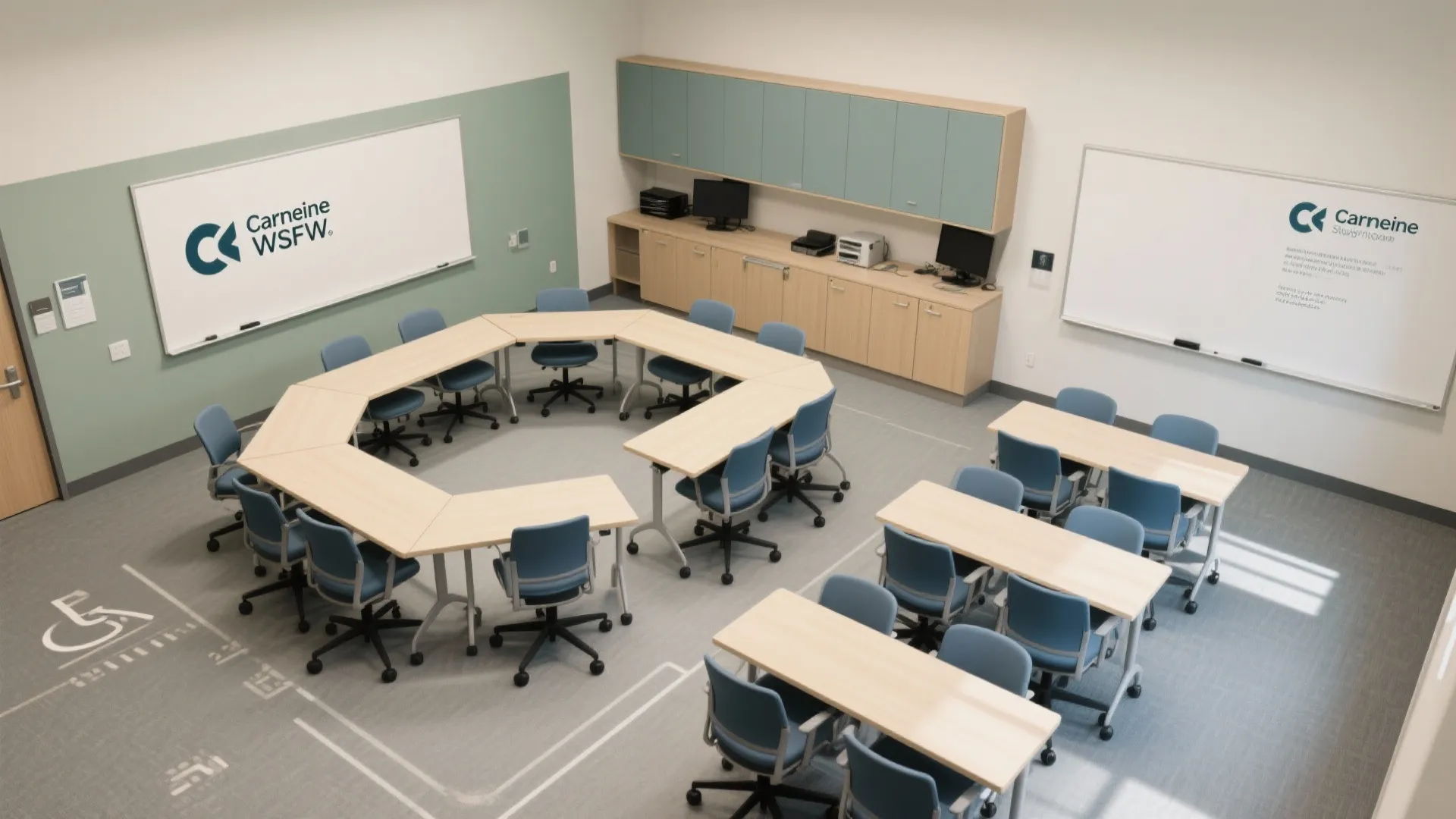 Flexible tables and fold-away storage for multi-use schedules