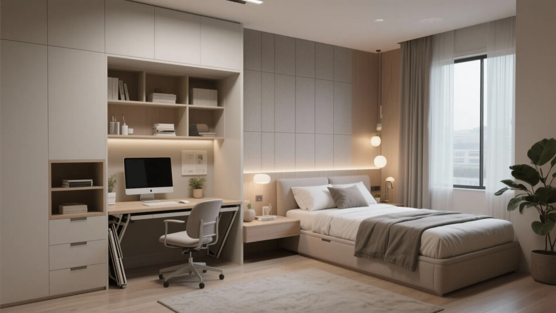 Modern bedroom with integrated wood desk white chair beige bed wall lights and large green plant
