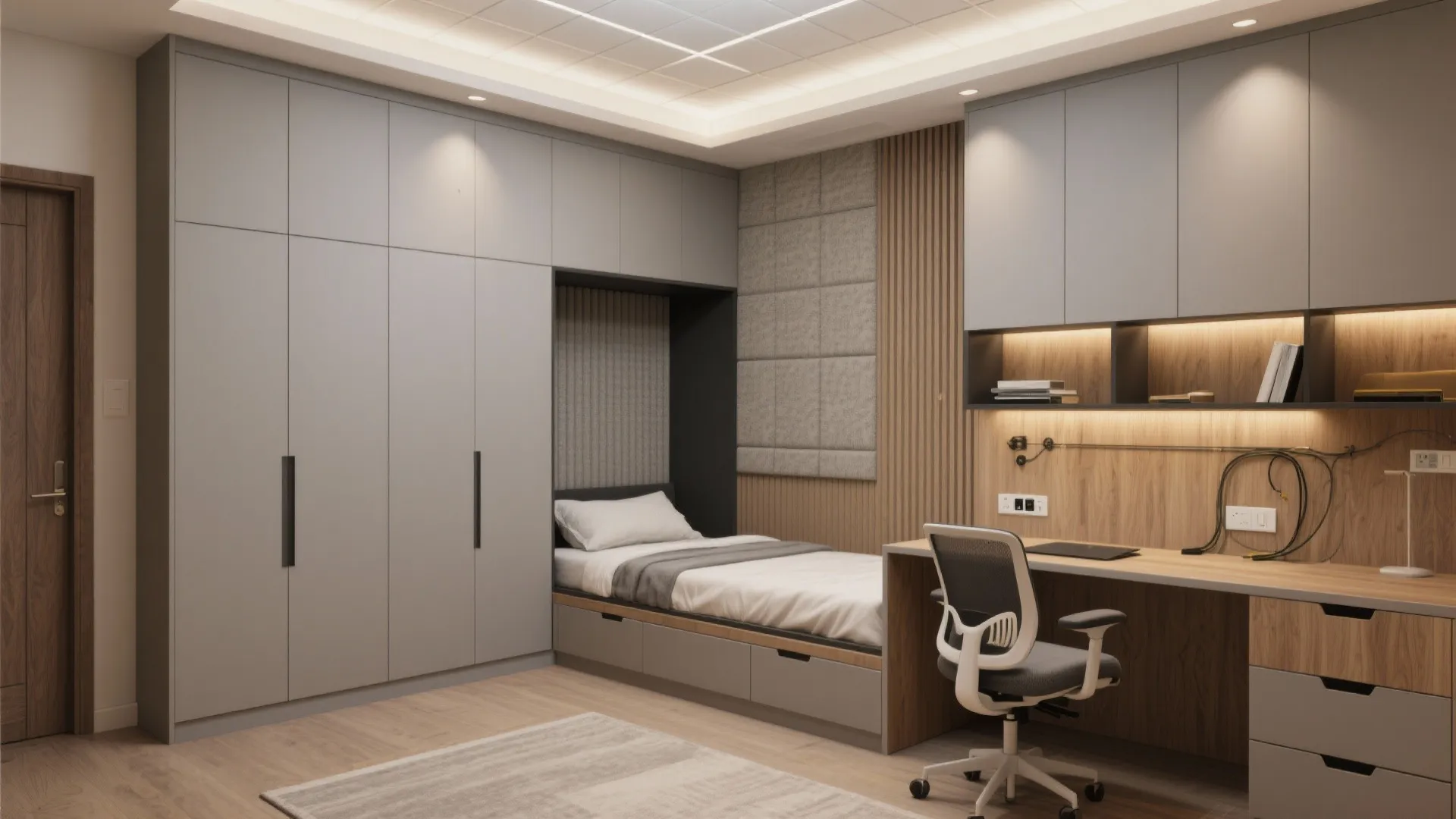 Functional small bedroom with grey built in wardrobe single bed wooden desk and white office chair