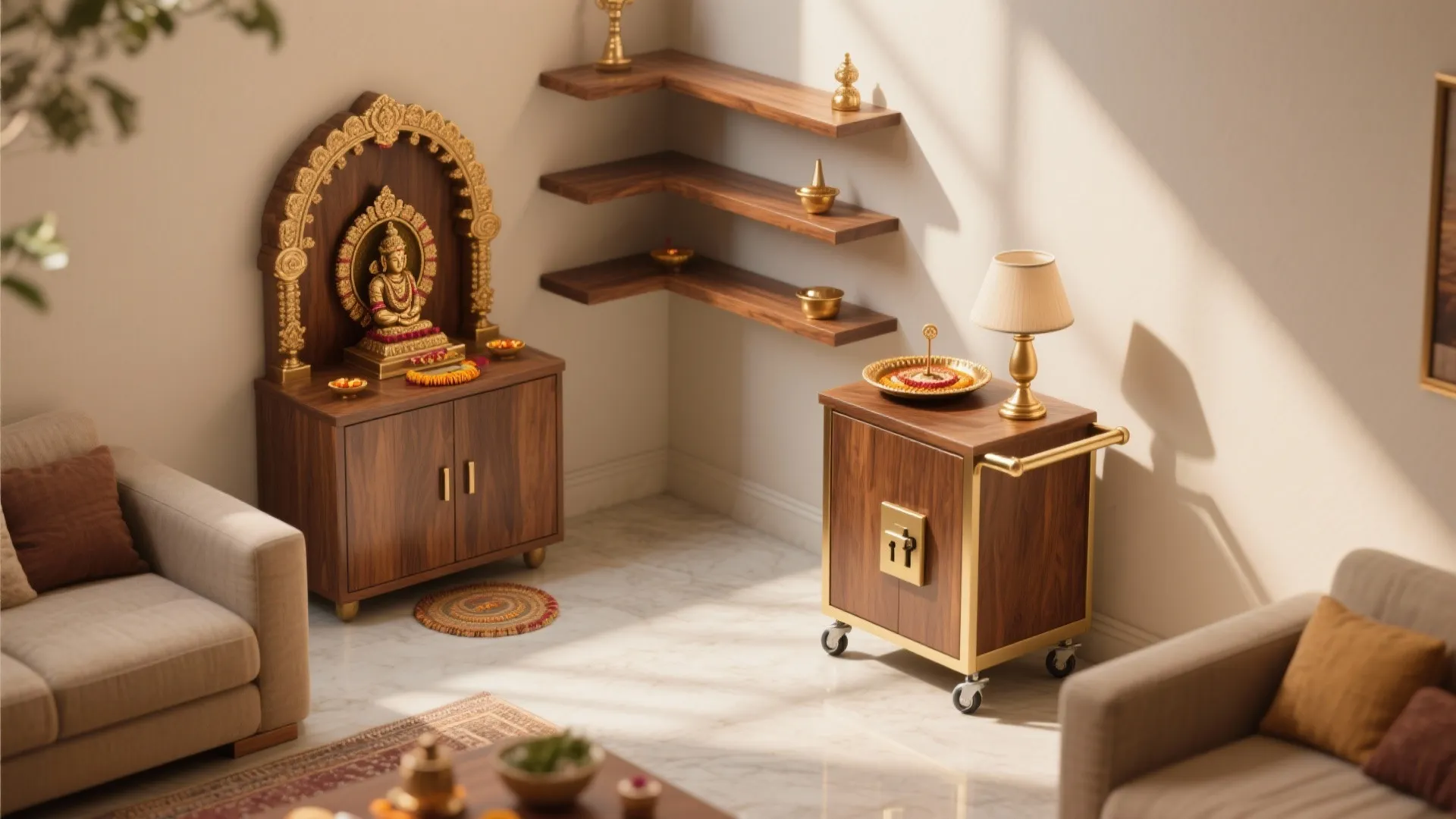 Flexible Layouts for Small Pooja Corners: Niche, L-shaped, and Rolling Units