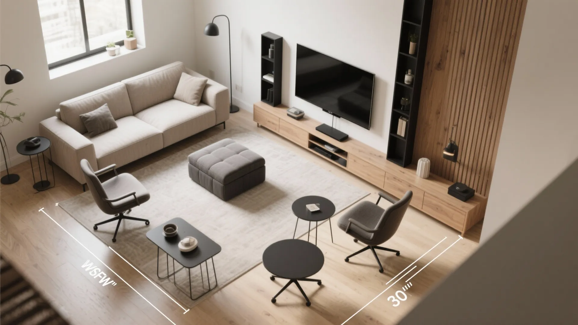 Top view of modern living room with beige sofa grey chairs wooden cabinet and floor dimensions