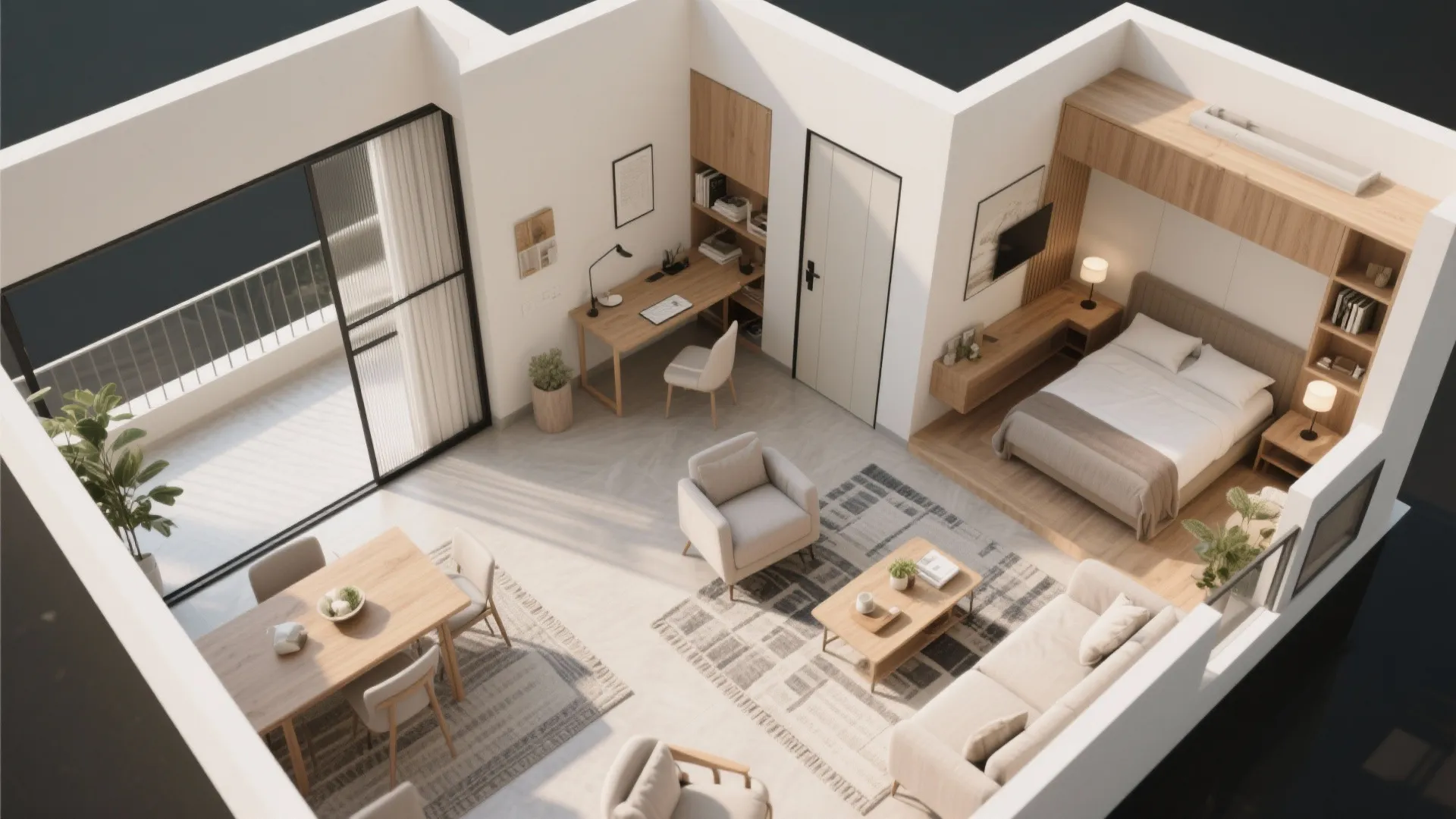 Flexible living–dining with sliding doors and a smart study nook