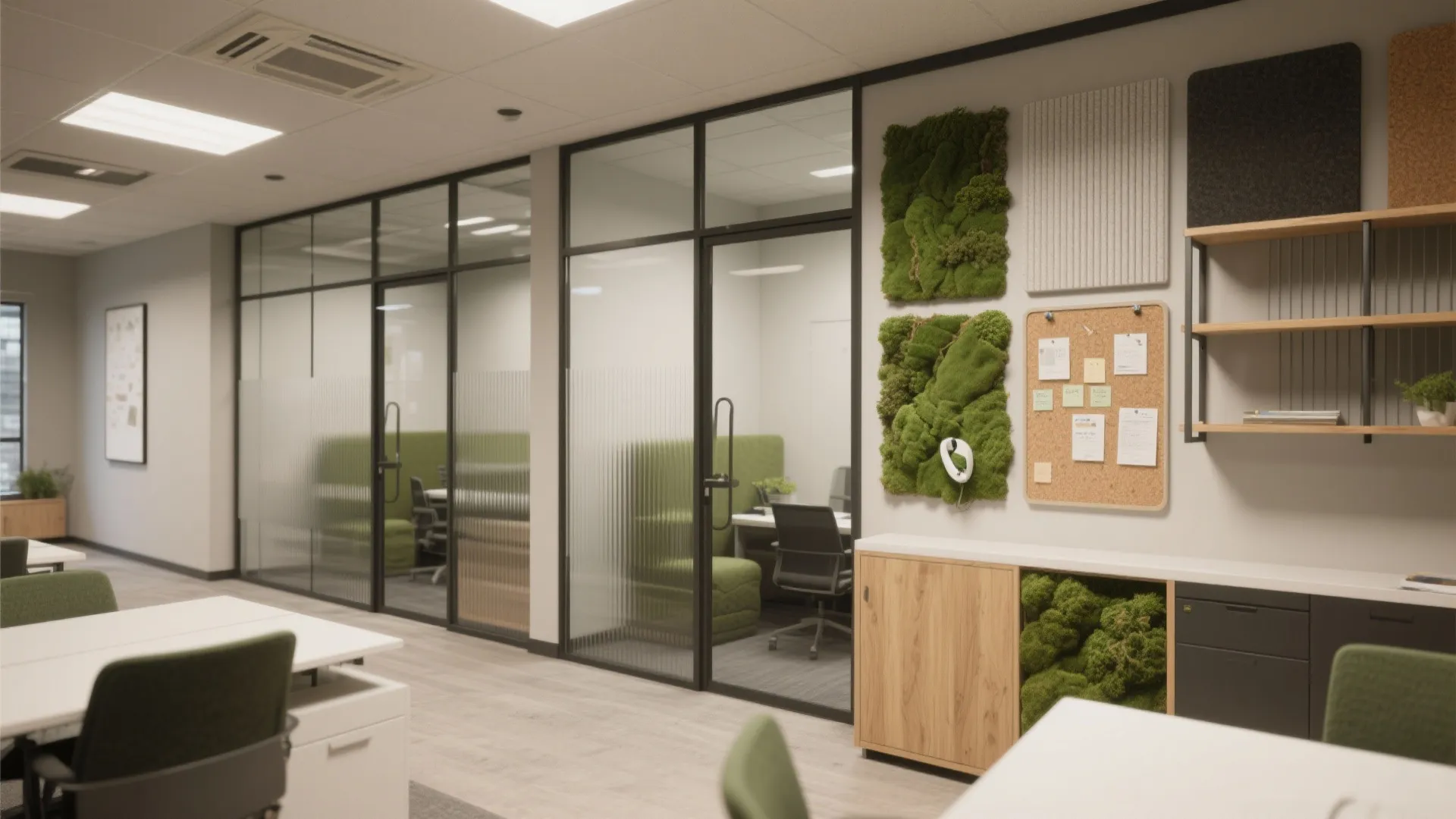Modern office interior with glass doors green moss wall panels wooden cabinets and white desks