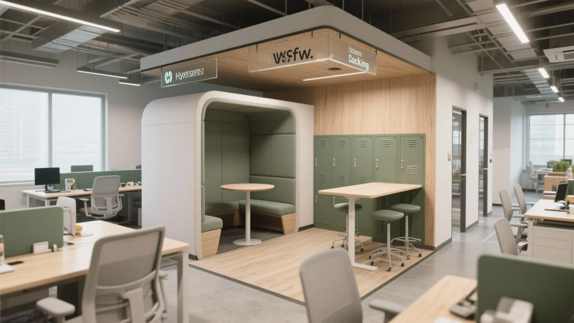 Flexible workstation setup with hot desks, a small booth, standing table, and lockers for hybrid teams.
