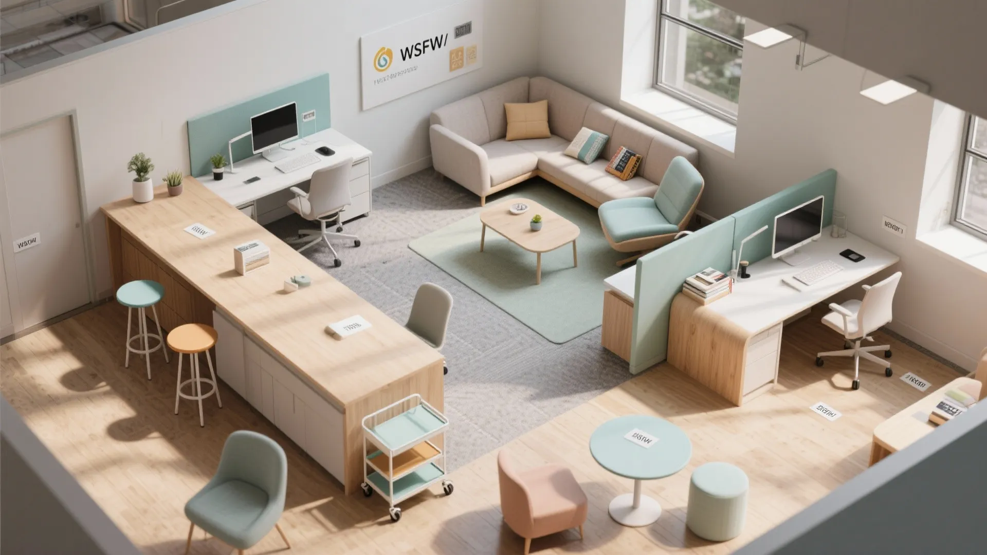 Top-down office layout showing adaptable micro-zones: desk, reading nook, and collaborative counter.