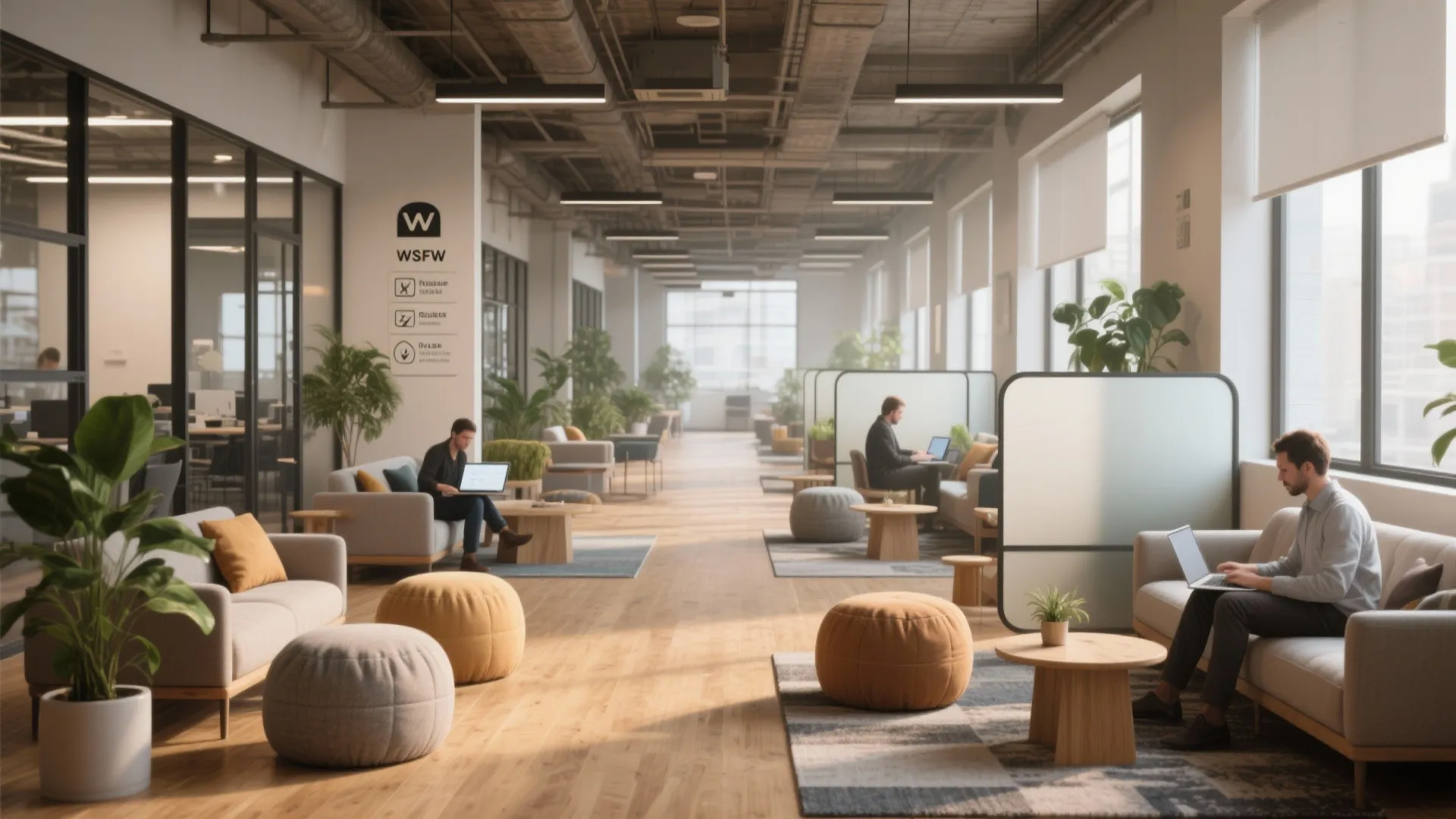 Modern open office space with sofa seating areas wooden floors and people working on laptops