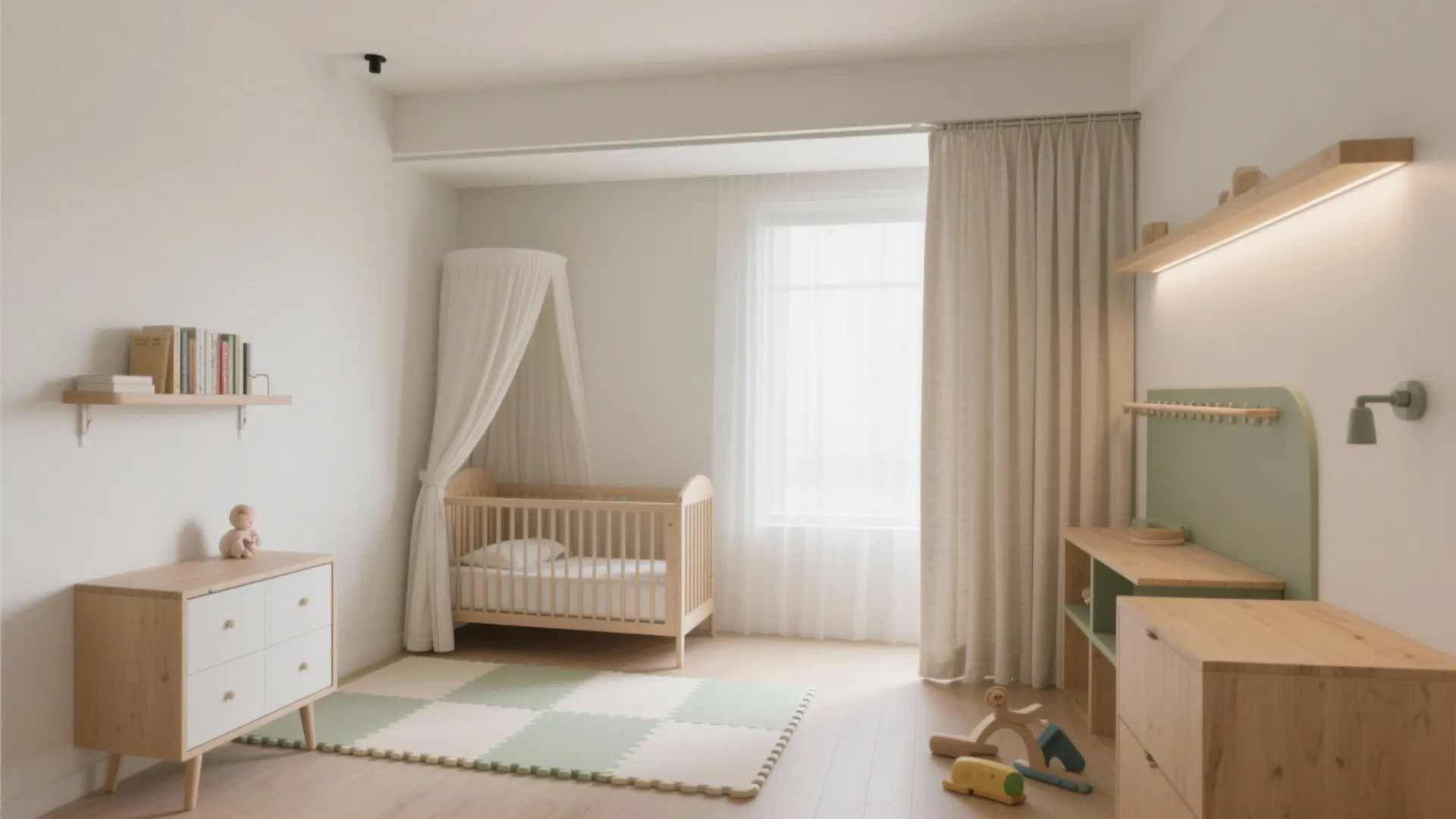 Bright nursery room featuring a wooden crib with white net curtain cabinet and play area mat