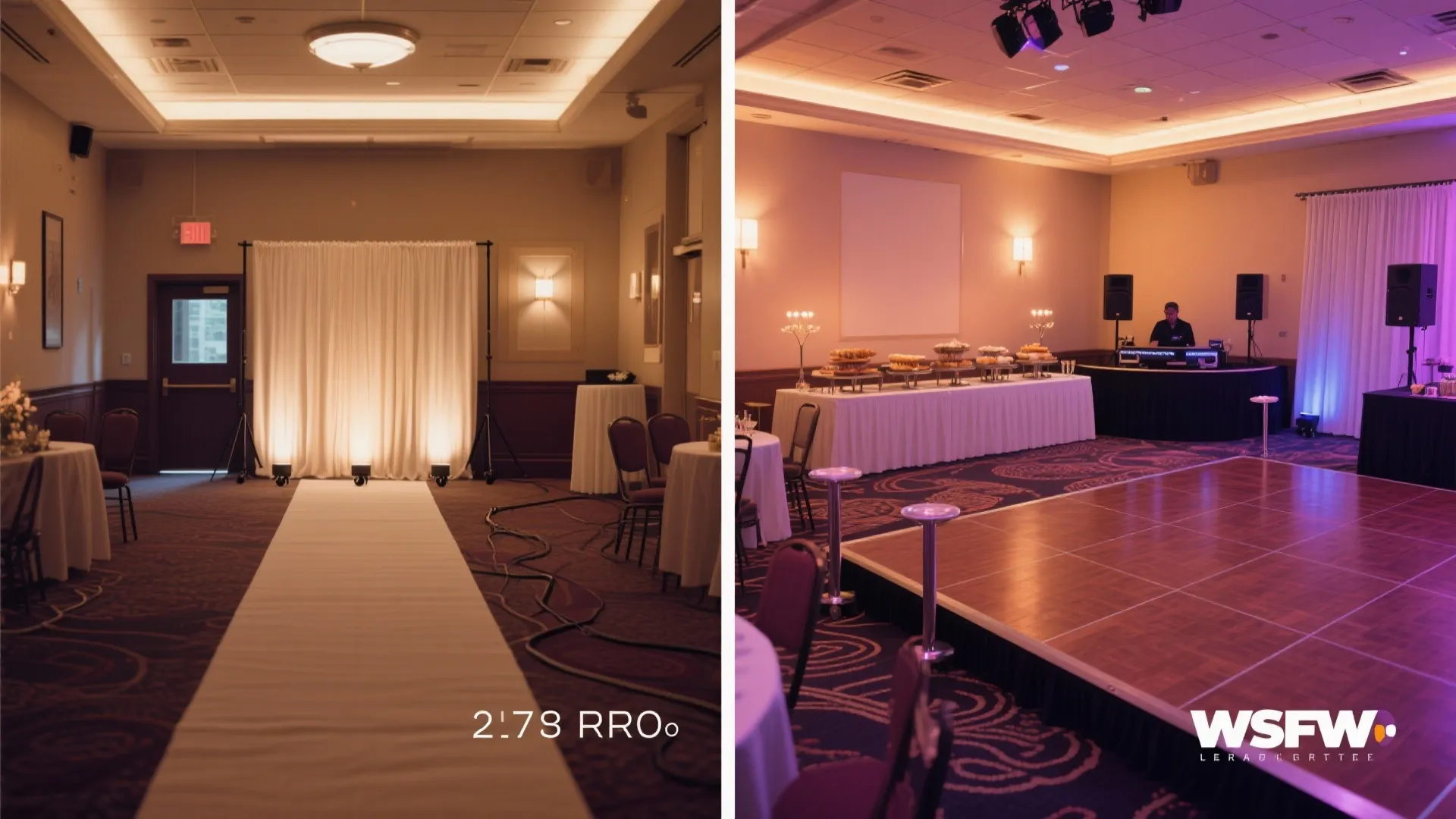 Before and after comparison of a banquet hall transformed into a colorful party dance floor