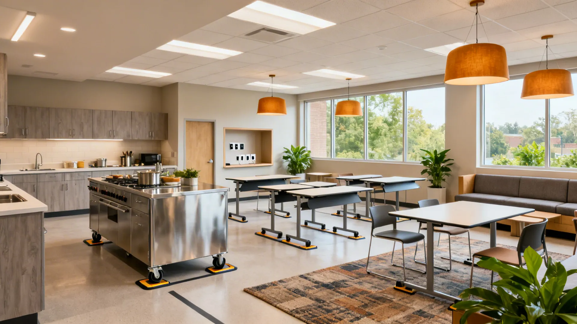 Flexible campus kitchen zones with mobile island, flip-top tables, and a study nook.