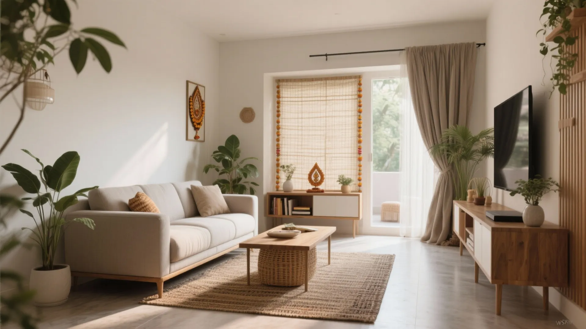 Bright living room with white sofa wooden cabinet green plants beige curtain and large window area