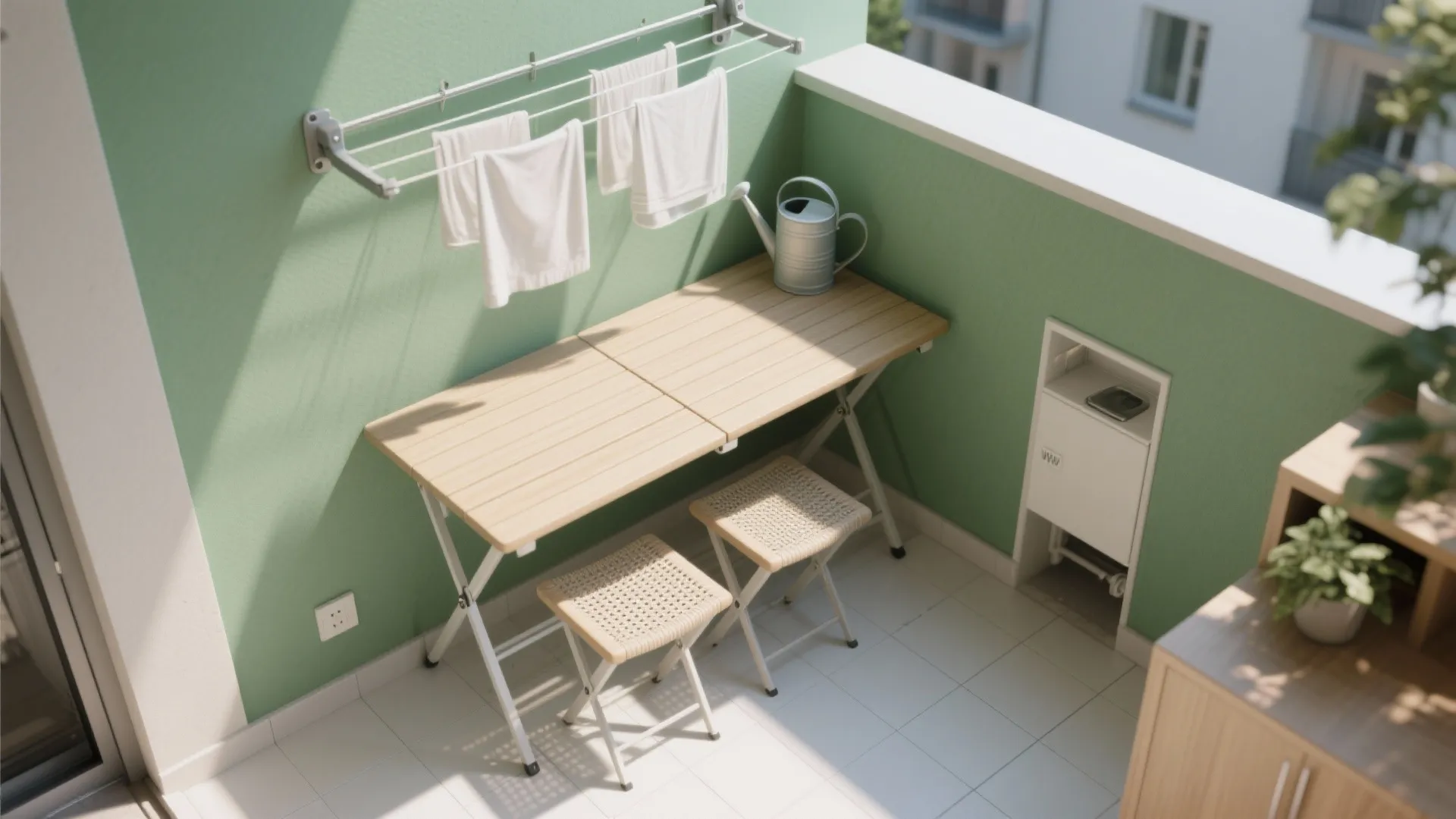 Top-down view of balcony with fold-out table, nesting stools, and retractable drying line in defined zones.