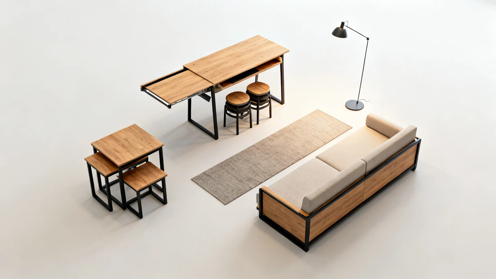 Top-down layout of a small living room with nesting tables and a fold-down desk.