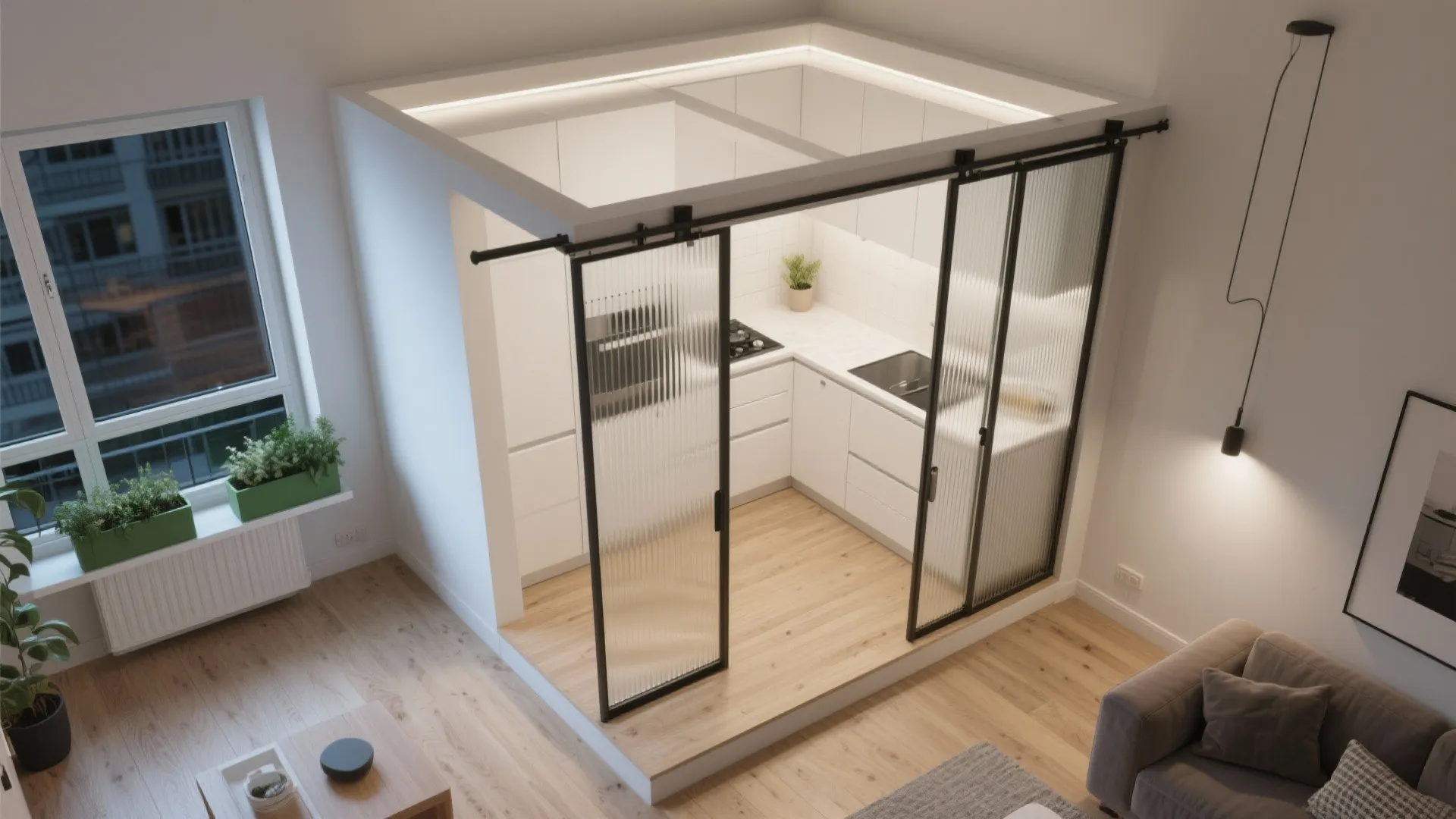 2) Open Kitchen + Sliding Partitions for Flex Living