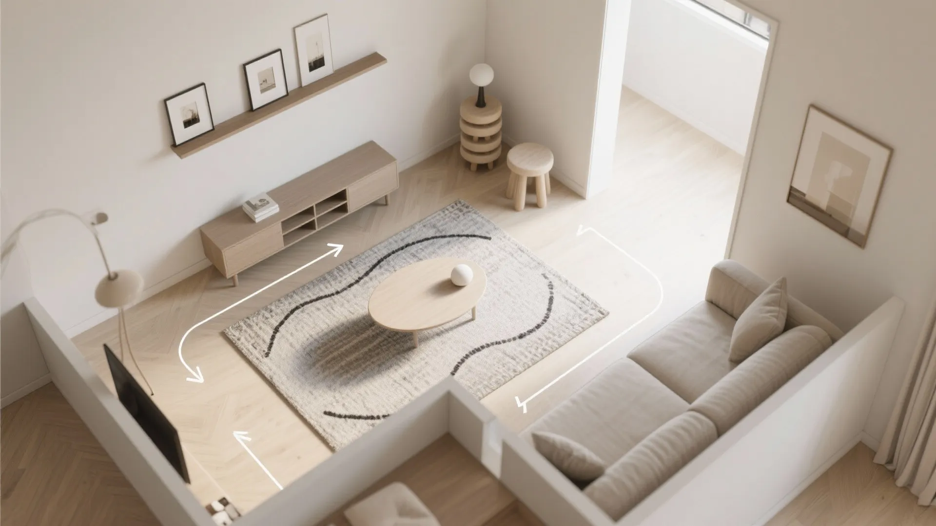 3) Flexible Zones: Rail Shelves + Nesting Seating