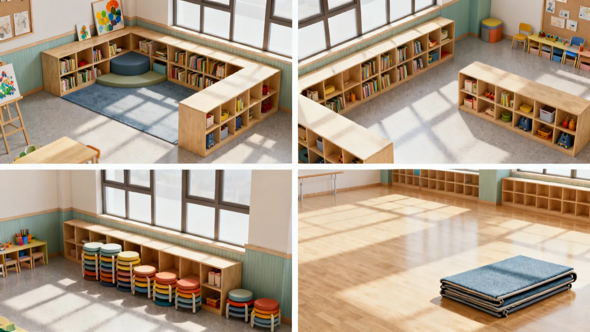 Top-down sequence showing shelves and stools reconfigured from art to movement space.