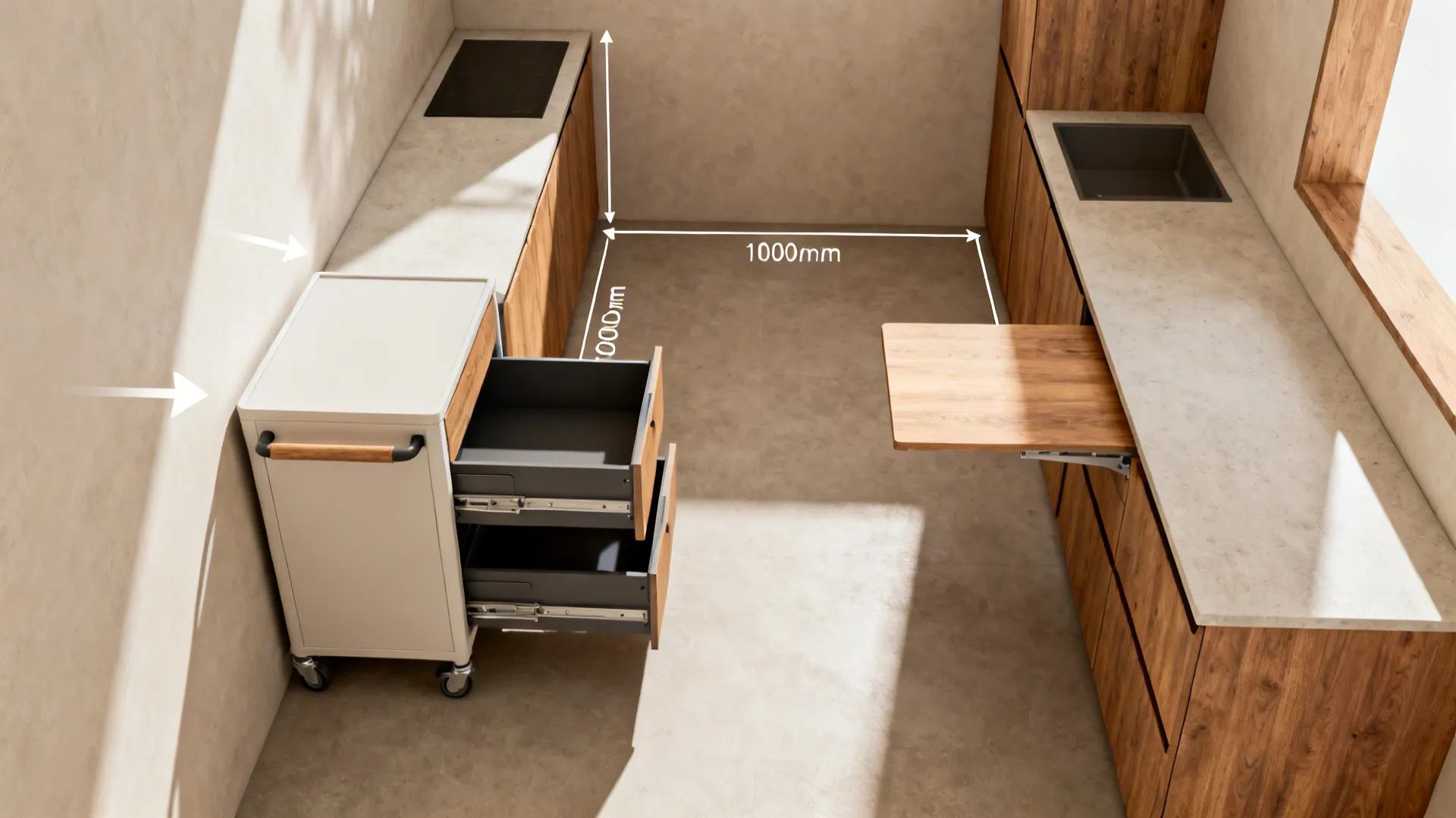 Top-down view showing mobile cart positions and clear aisle in a small galley kitchen.