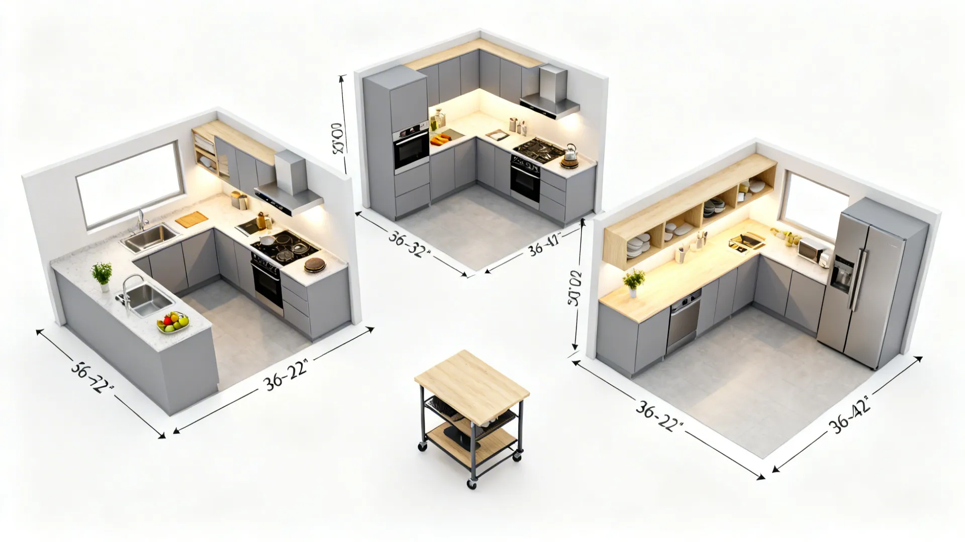 Three 3D interior design drawings of kitchen room layouts with grey cabinets and detailed measurements