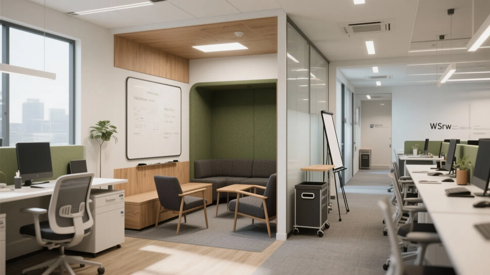 Modern open office layout with white desks chairs green meeting booth and wood wall panels