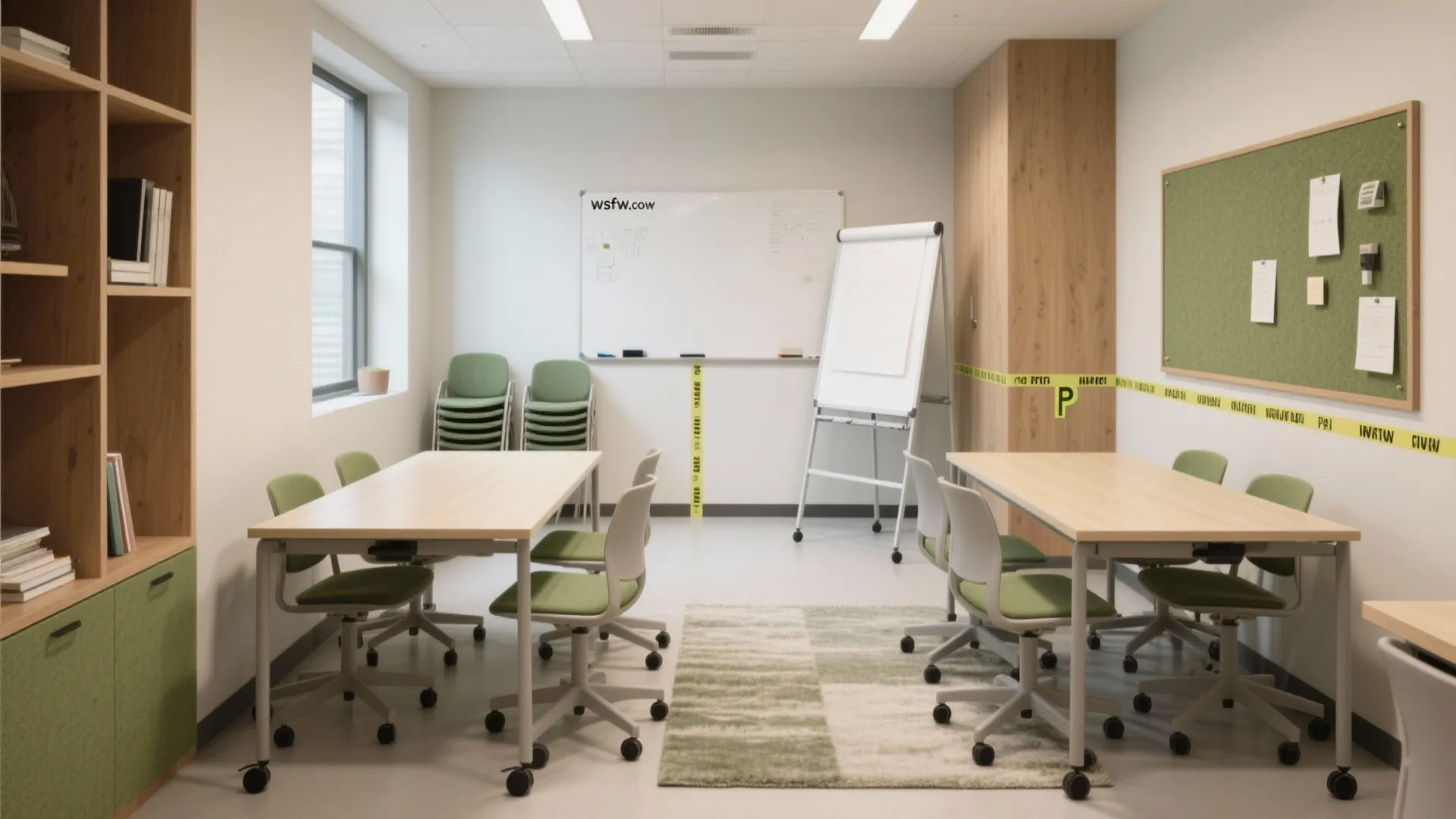 Movable tables and stackable chairs create flexible zones in a compact library study room.