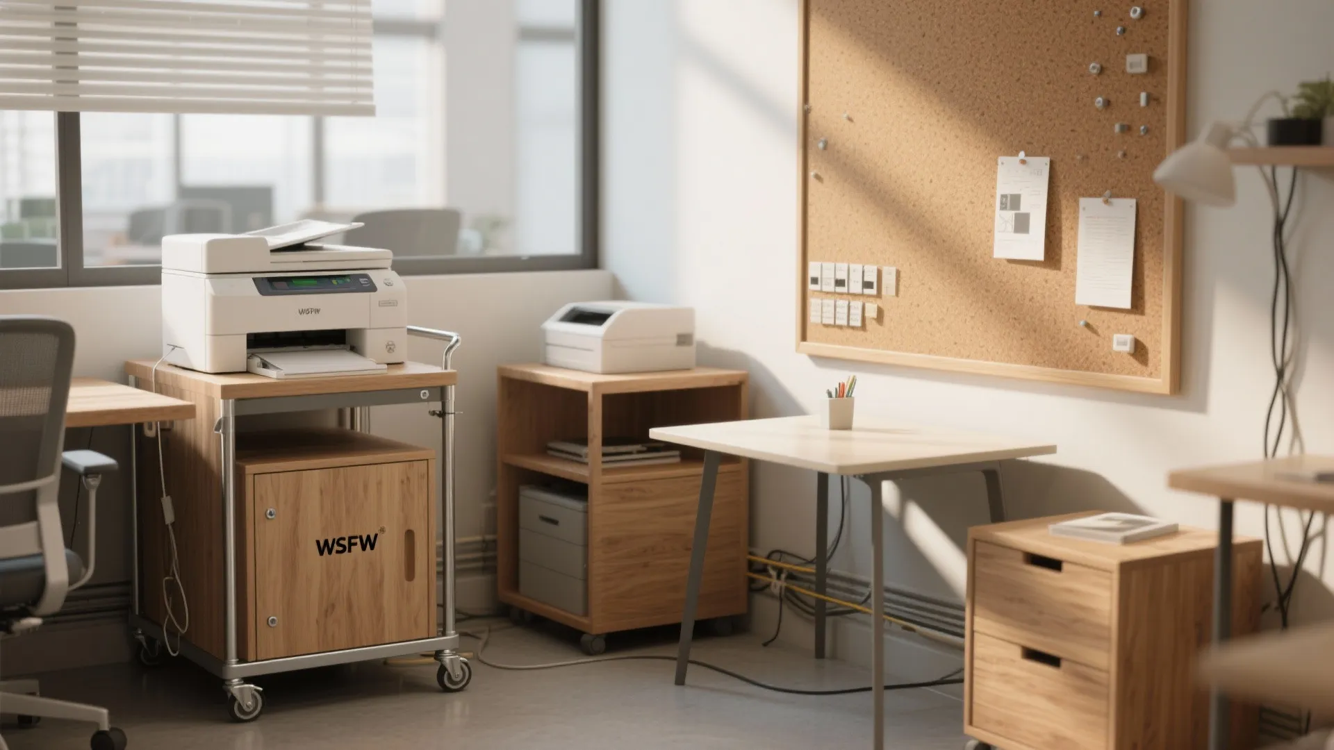Bright office interior with a white printer on a wooden cart next to small desks