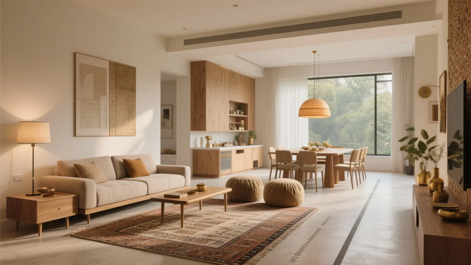 Modern open plan living room with cream sofa patterned rug wooden cabinets and dining table set