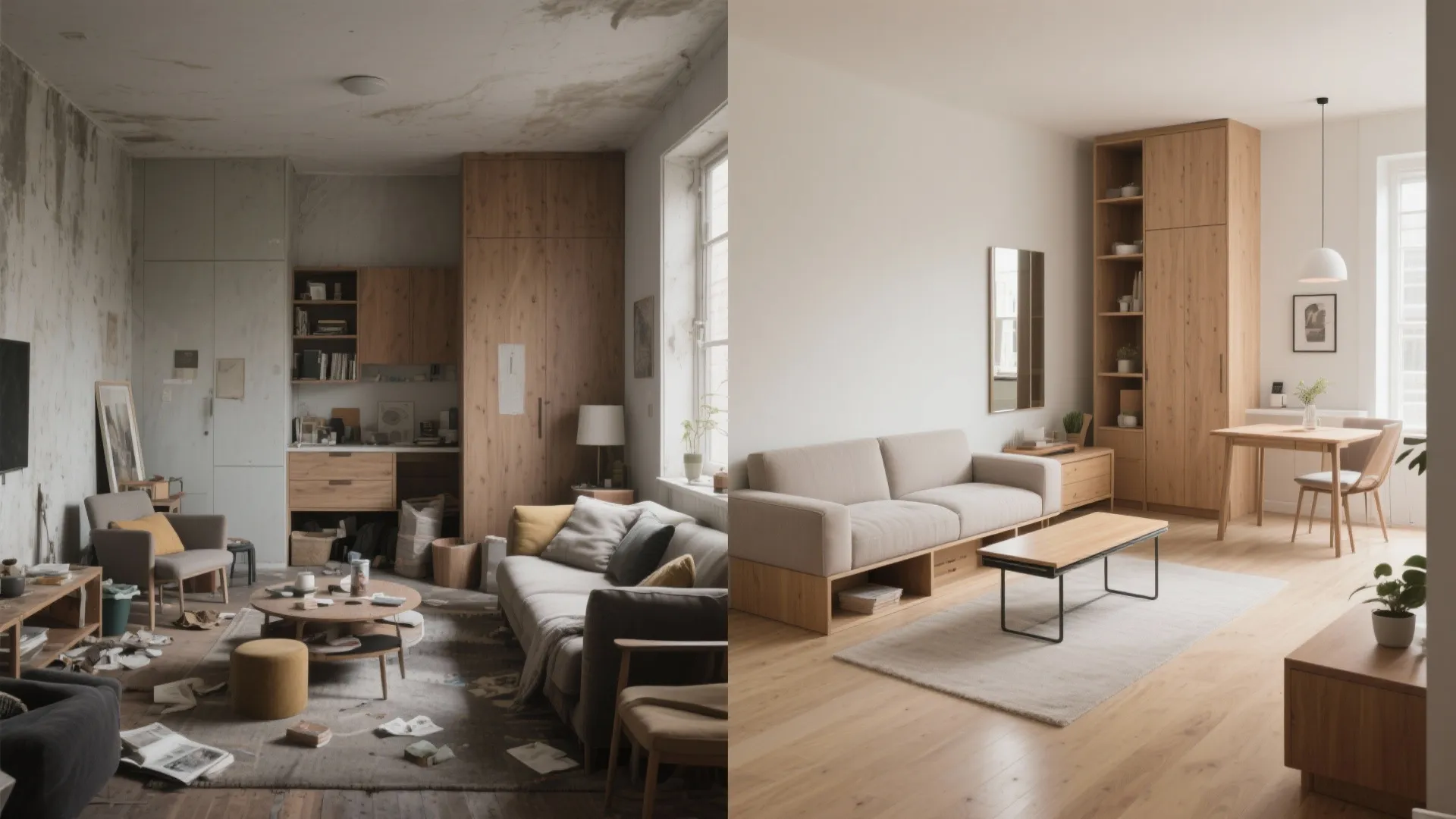Before-and-after comparison of a messy dark living room transformed into a clean minimalist wooden space