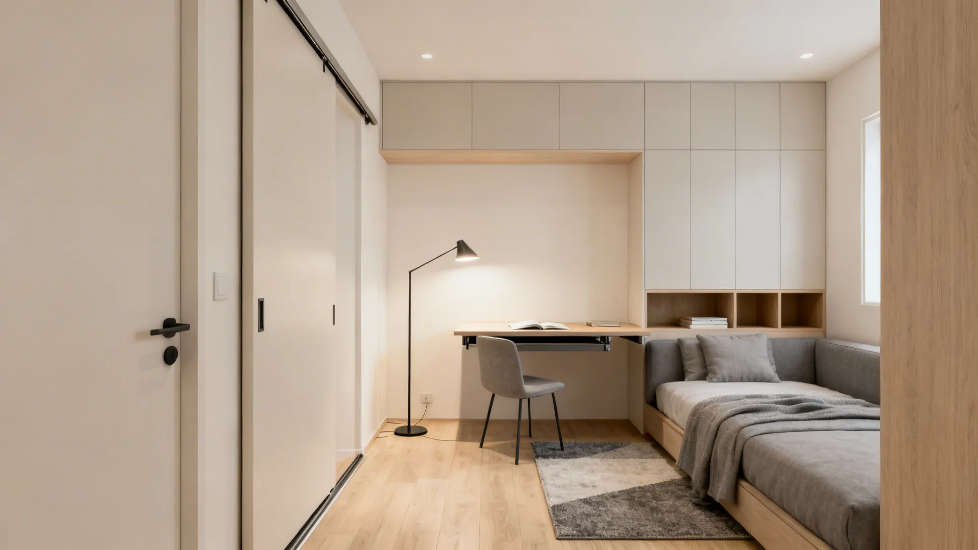 Flexible compact room with sliding door, fold-down desk, and sofa bed defined by a zonal rug.