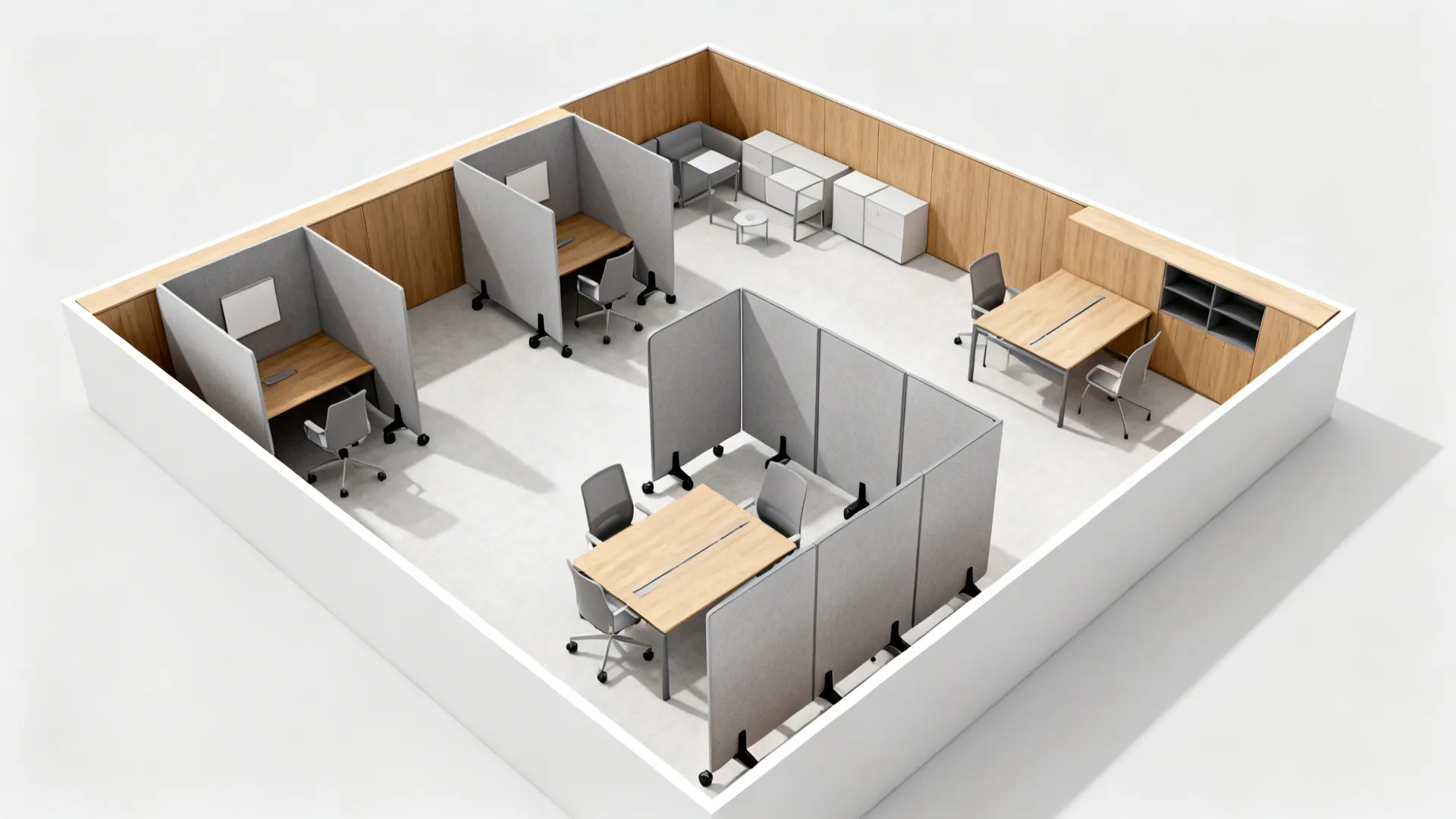 Top-down view showing flexible zones formed by mobile partitions in a 1200 sq ft office.