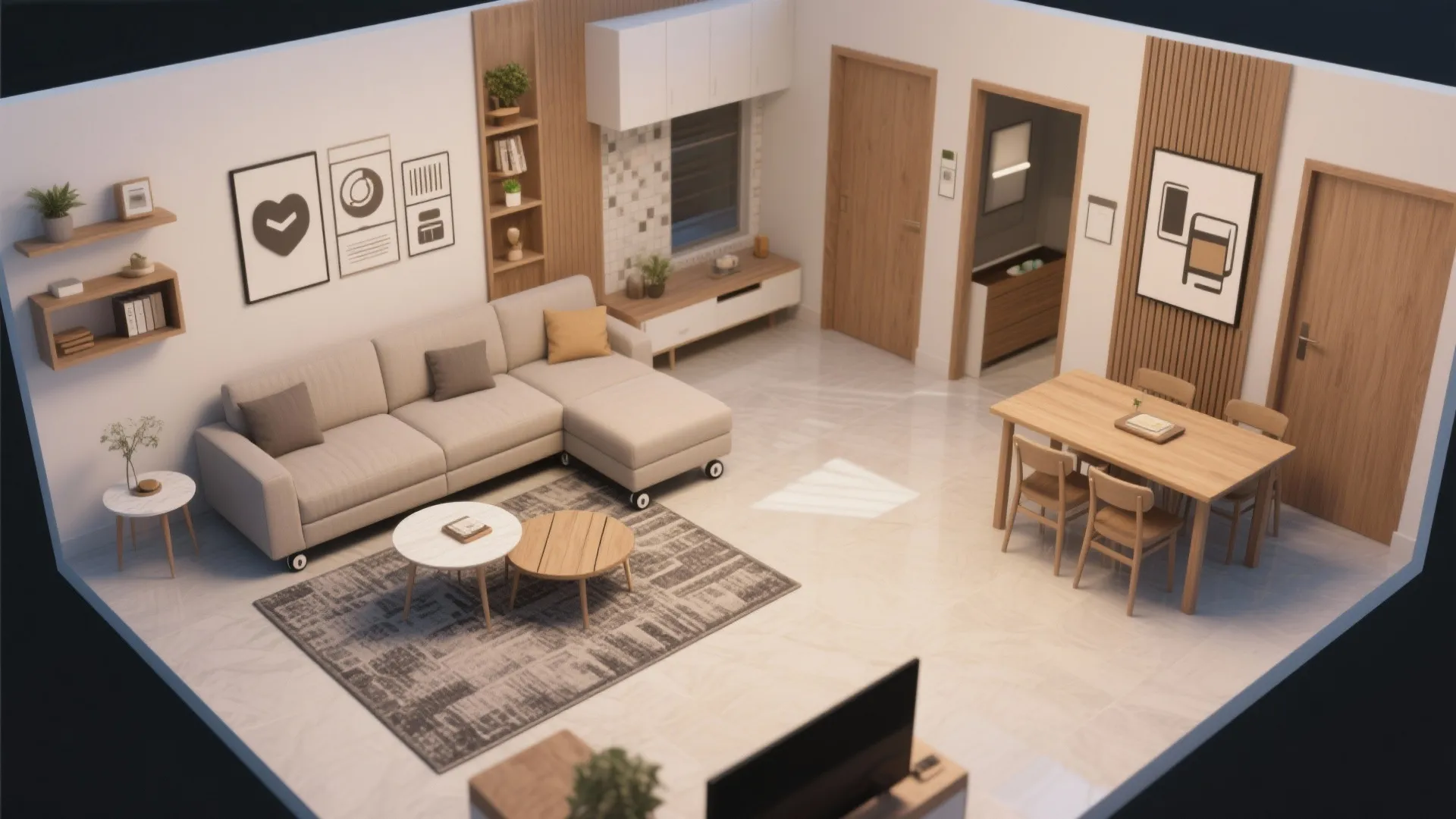 Flexible living-dining with zone-able furniture