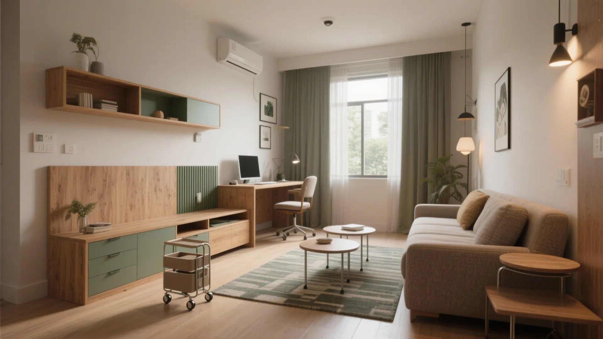 Flexible furniture zoning that shifts from day to night