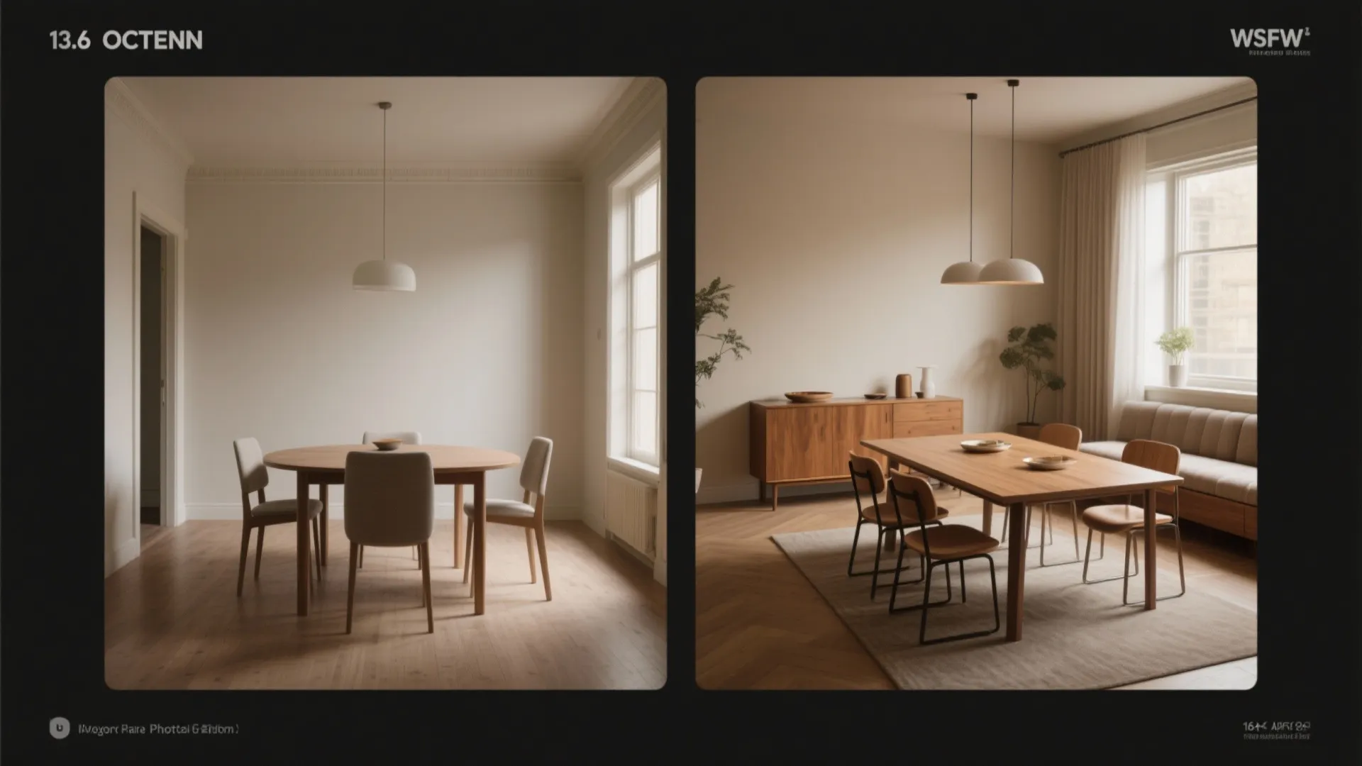 Side by side interior design drawing comparison of minimalist dining rooms with different furniture layouts