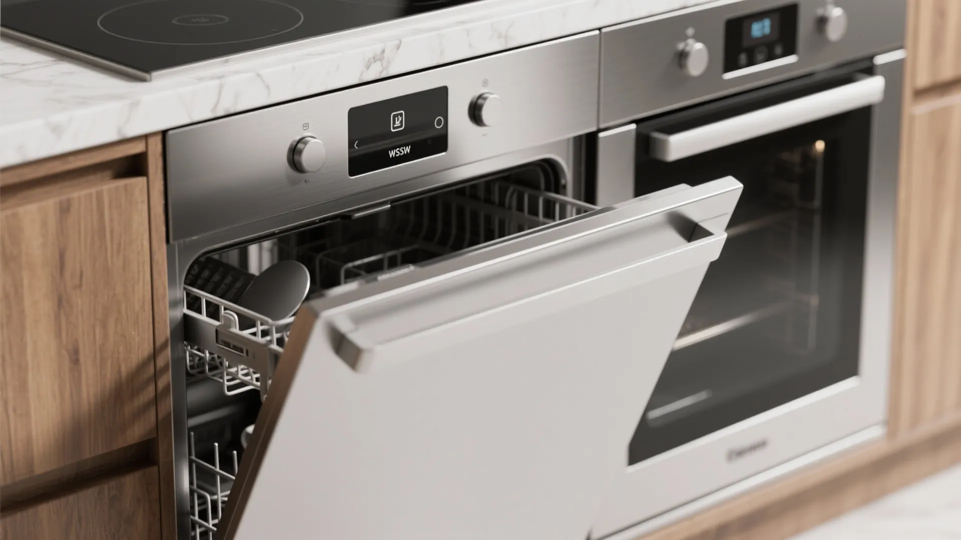 Stainless steel dishwasher door opening next to oven inside wooden cabinets with marble top surface