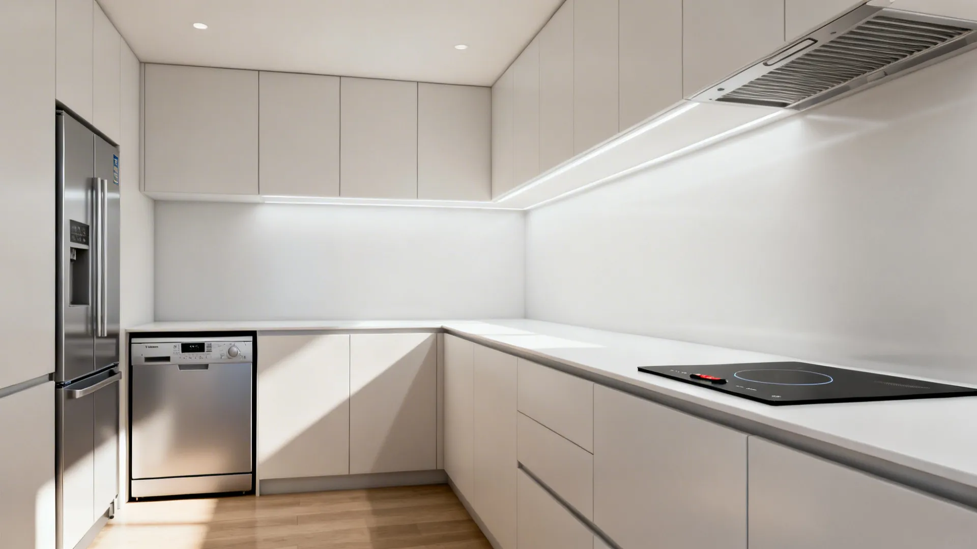 Compact kitchen with integrated fridge, 45cm dishwasher, portable induction hob, and thin porcelain countertop.