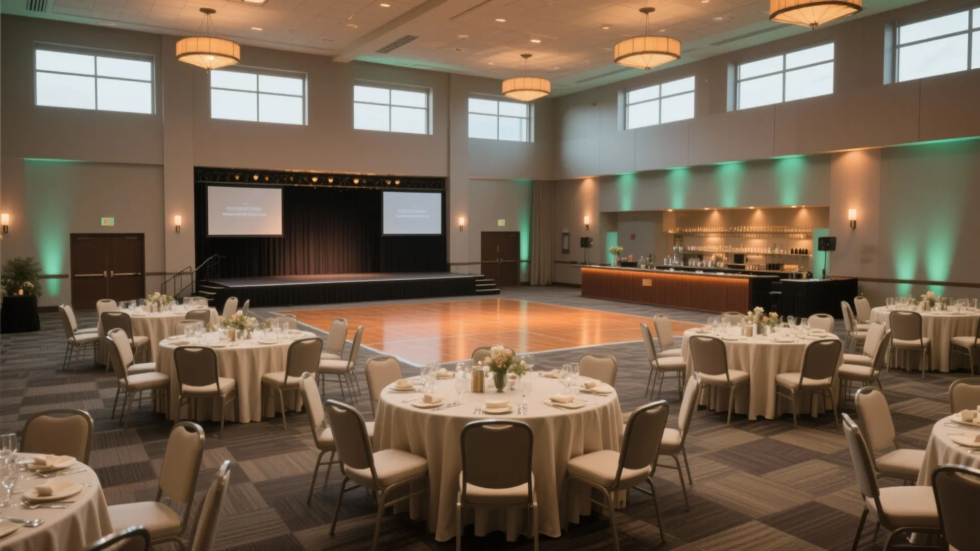 Large banquet hall with round dining tables, wooden dance floor, stage with screens, and ceiling lights