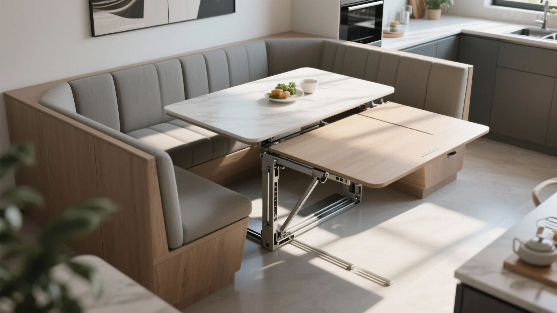 5. Flexible banquette that converts to extra counter space