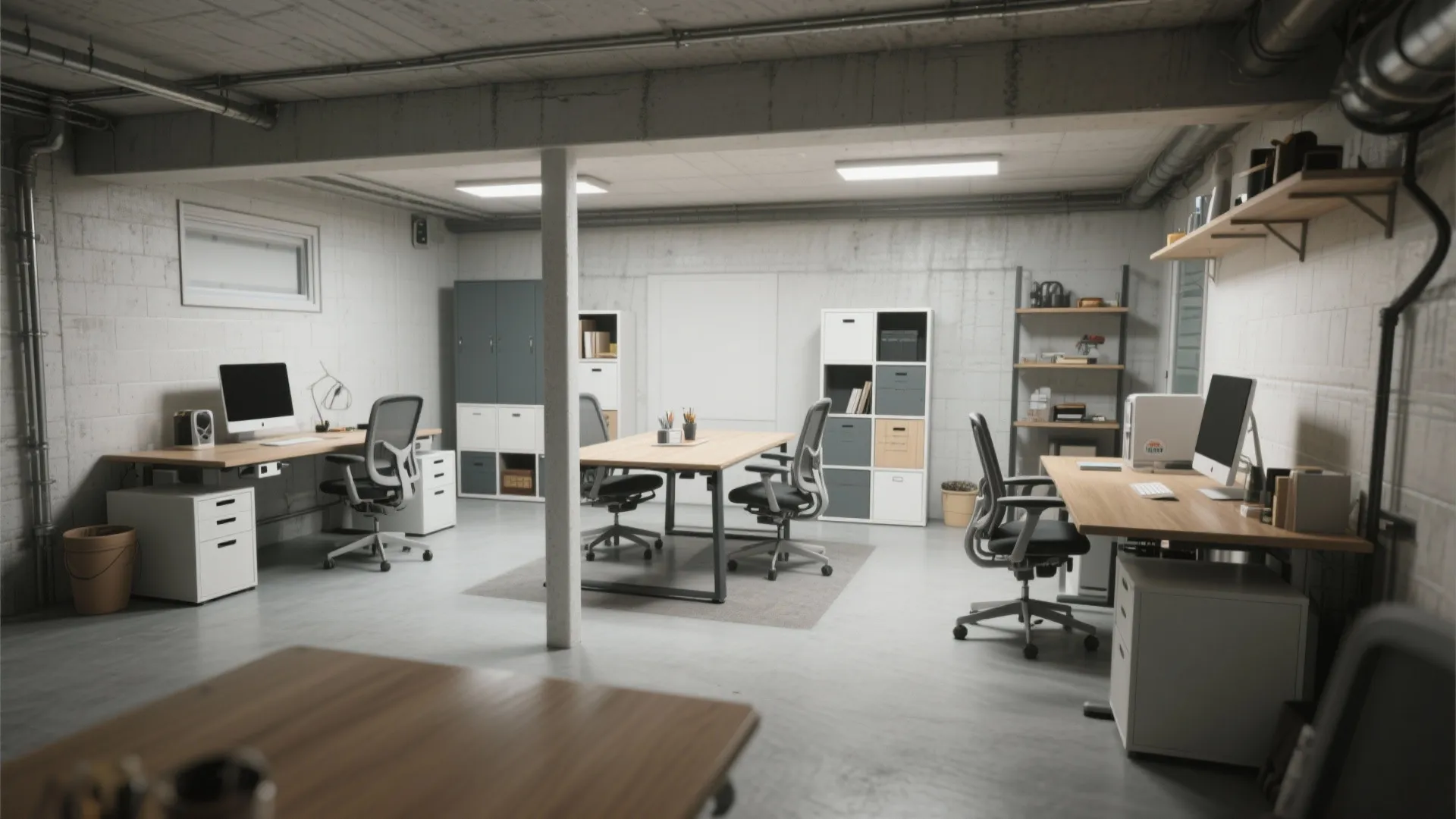 Modern basement office area with wooden desks grey chairs storage units and clean white walls