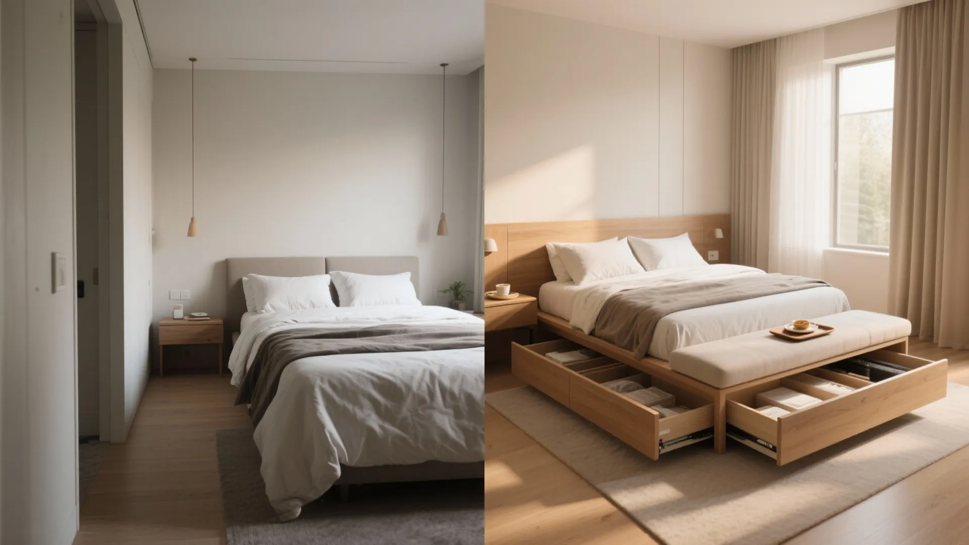 Before-and-after showing a king bed transformed with a fold-down bench, pull-out tray, and hidden storage.