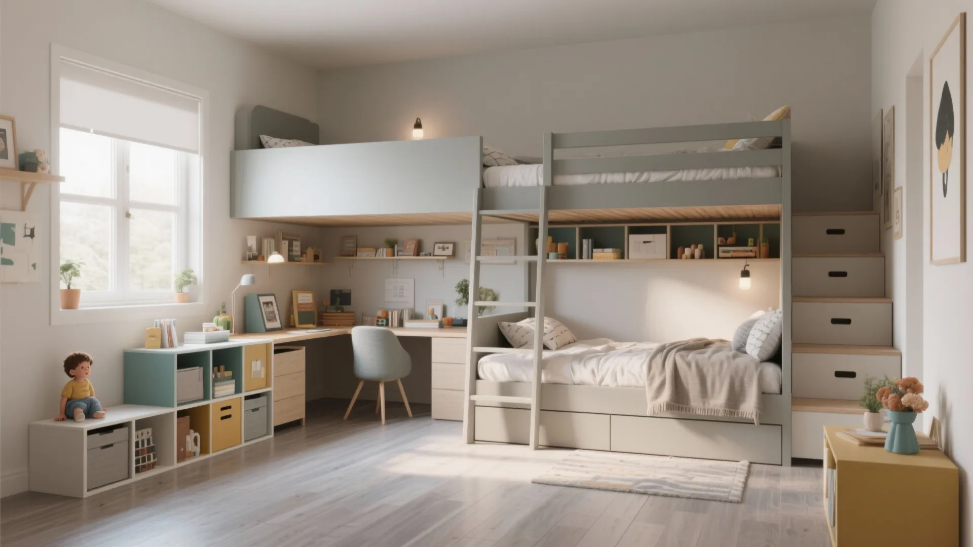 Modern kids bedroom featuring grey bunk bed with integrated desk storage and colorful shelf cabinet units