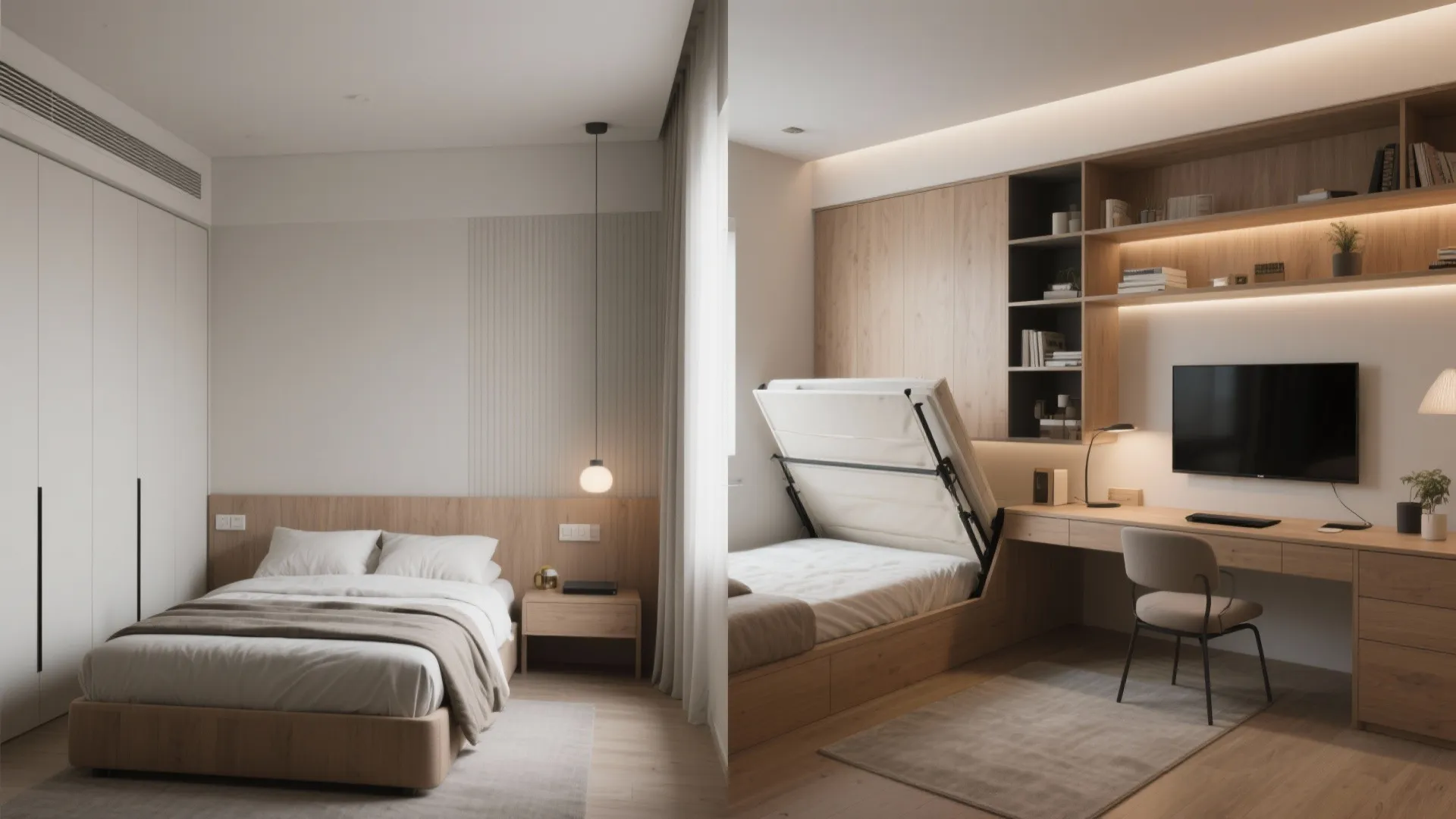 Before-and-after view of a bedroom converted into a flexible guest/study with a folded wall bed and movable shelving.