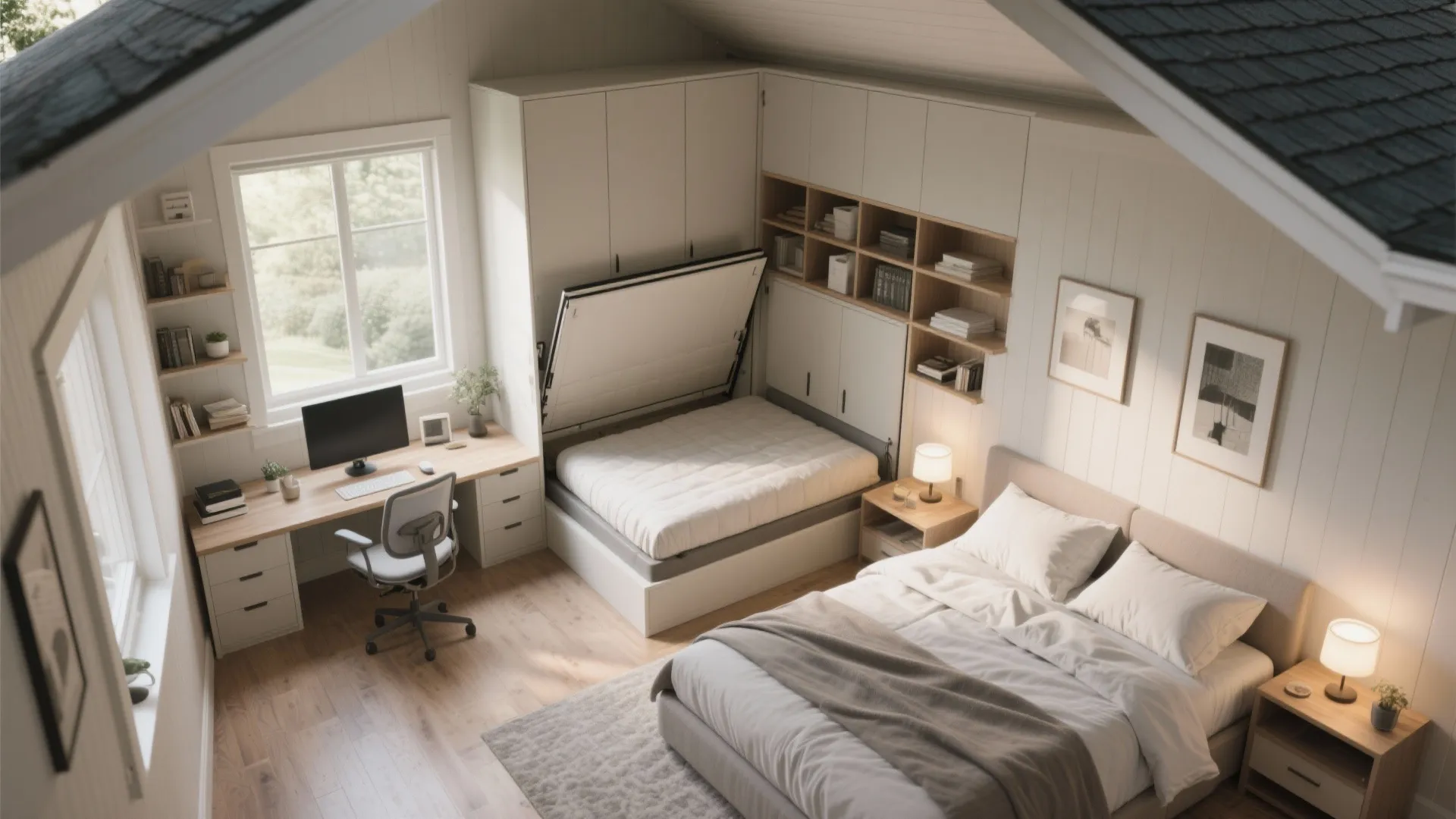 Flexible bungalow bedroom with a fold-down bed and built-in desk for dual use