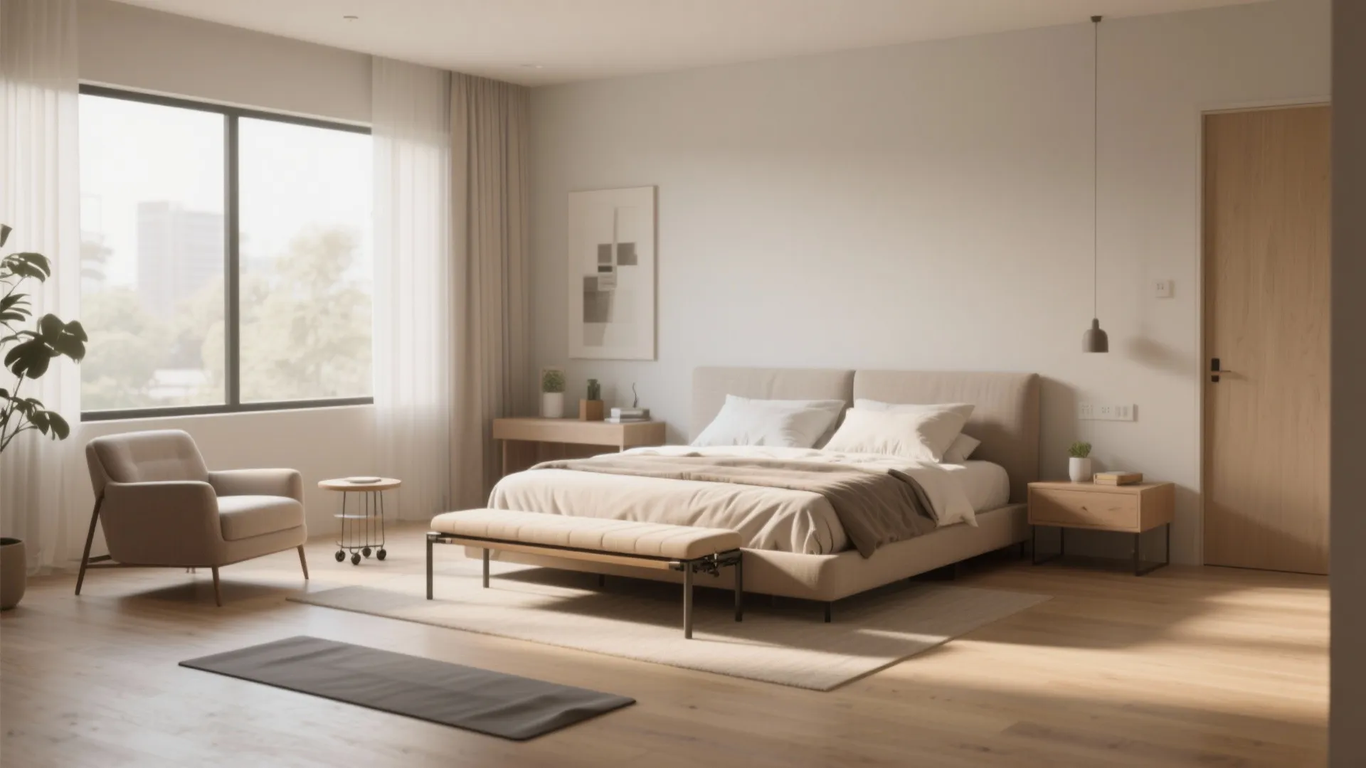 Minimalist bedroom with large bed, beige armchair, wooden side table, large window, and soft rug