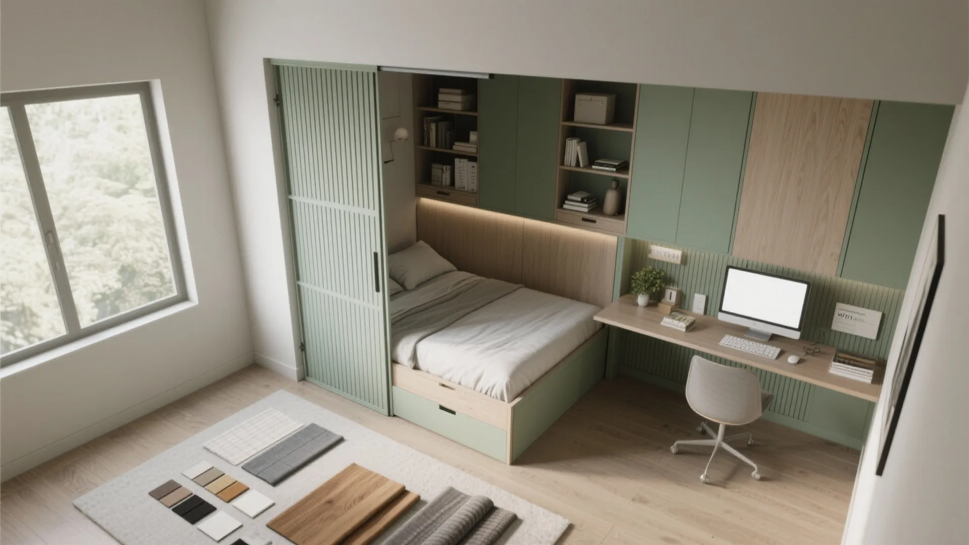 Modern multifunctional room with green sliding door bed area desk chair and small computer workspace