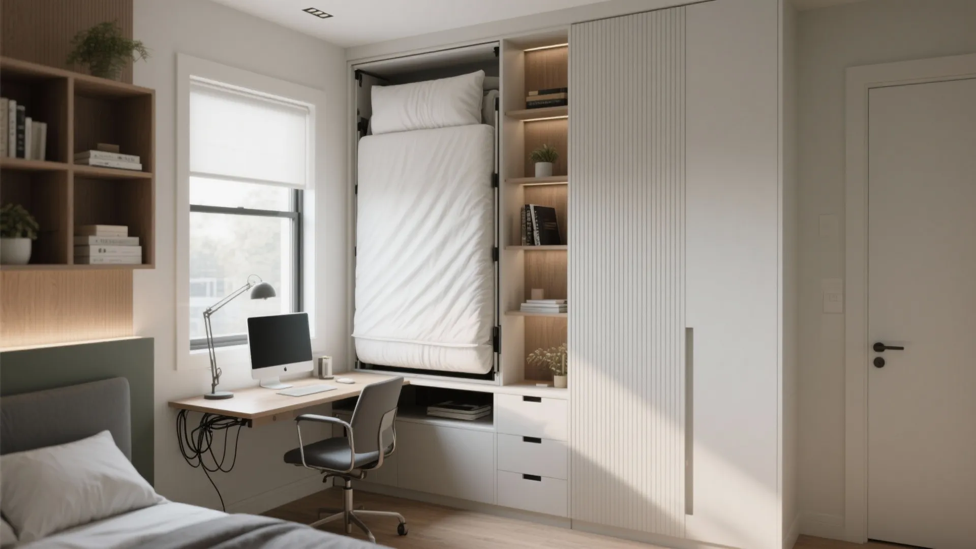 Small bedroom featuring a fold away wall bed next to a wooden desk and chair