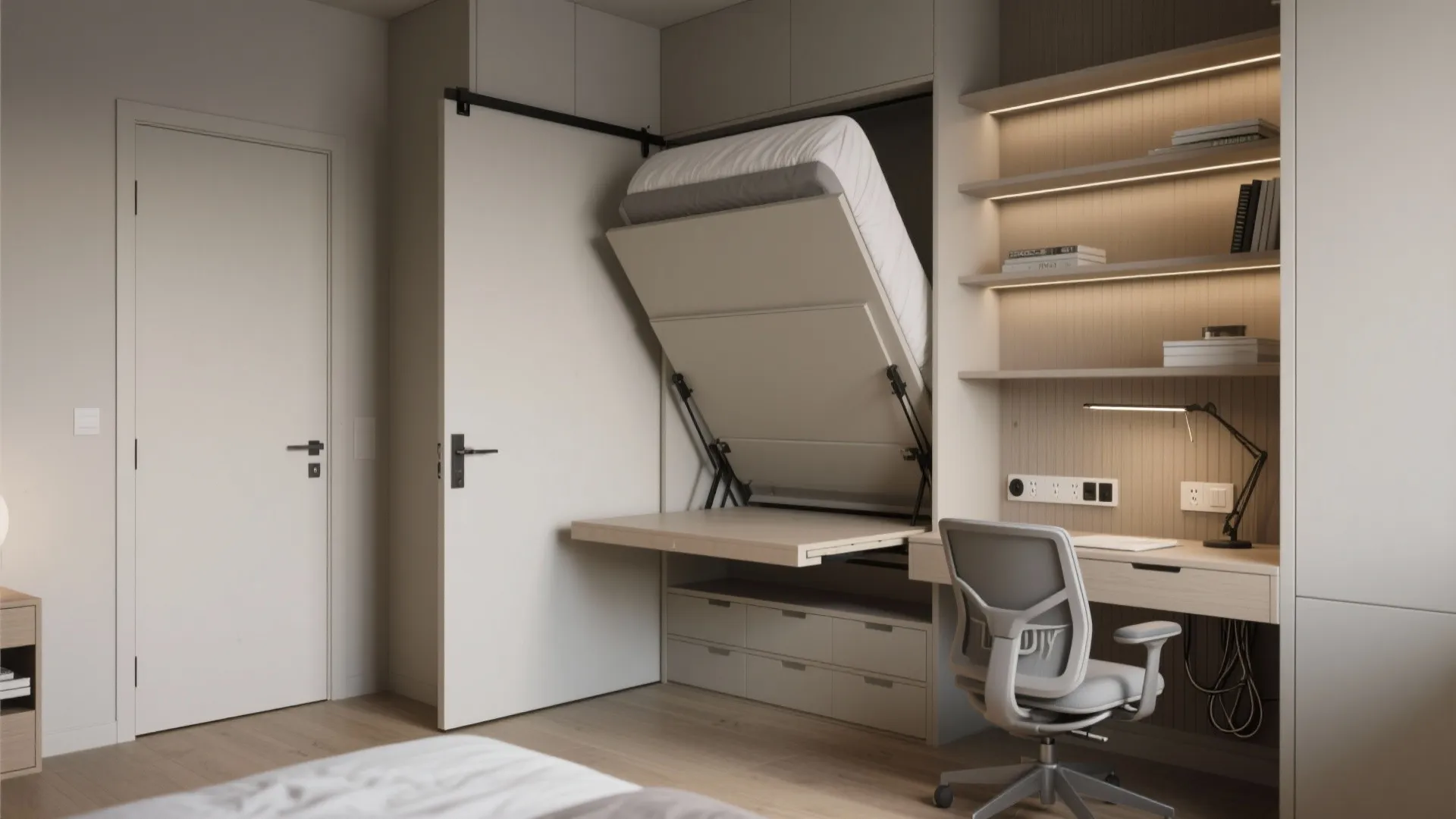 Modern home office with white wall bed desk combo grey chair and wooden floor design