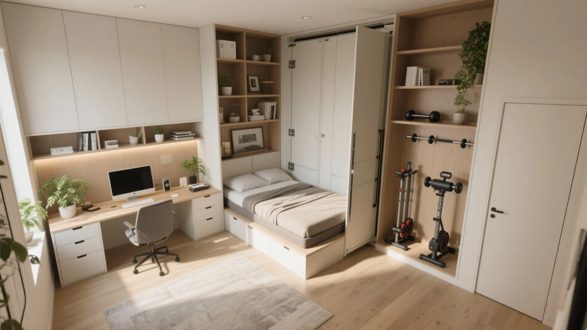 Flexible fourth bedroom set up as a home office with built-in shelving and a Murphy bed, convertible to a gym.